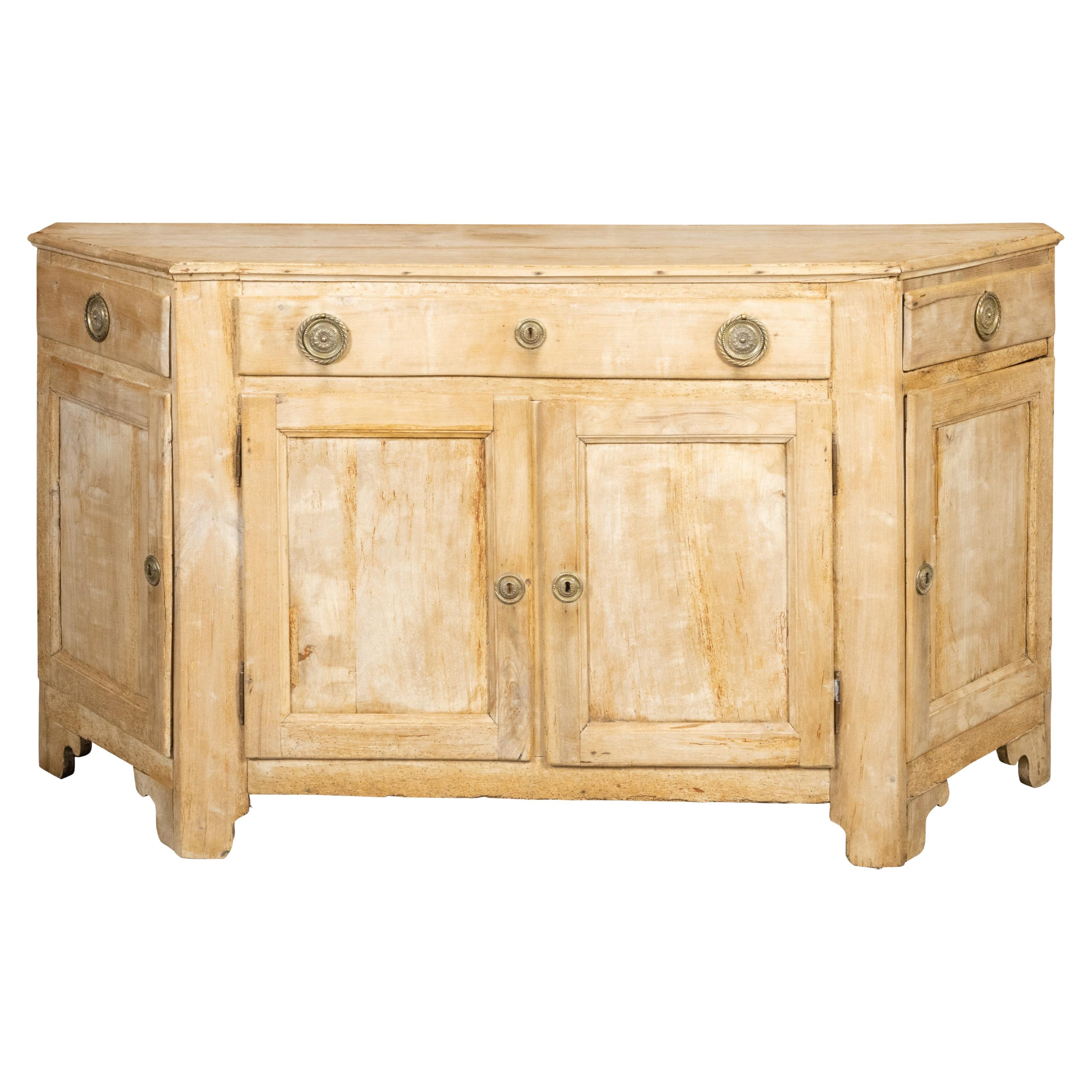 Italian Early 19th Century Bleached Credenza with Canted Sides Doors and Drawers For Sale