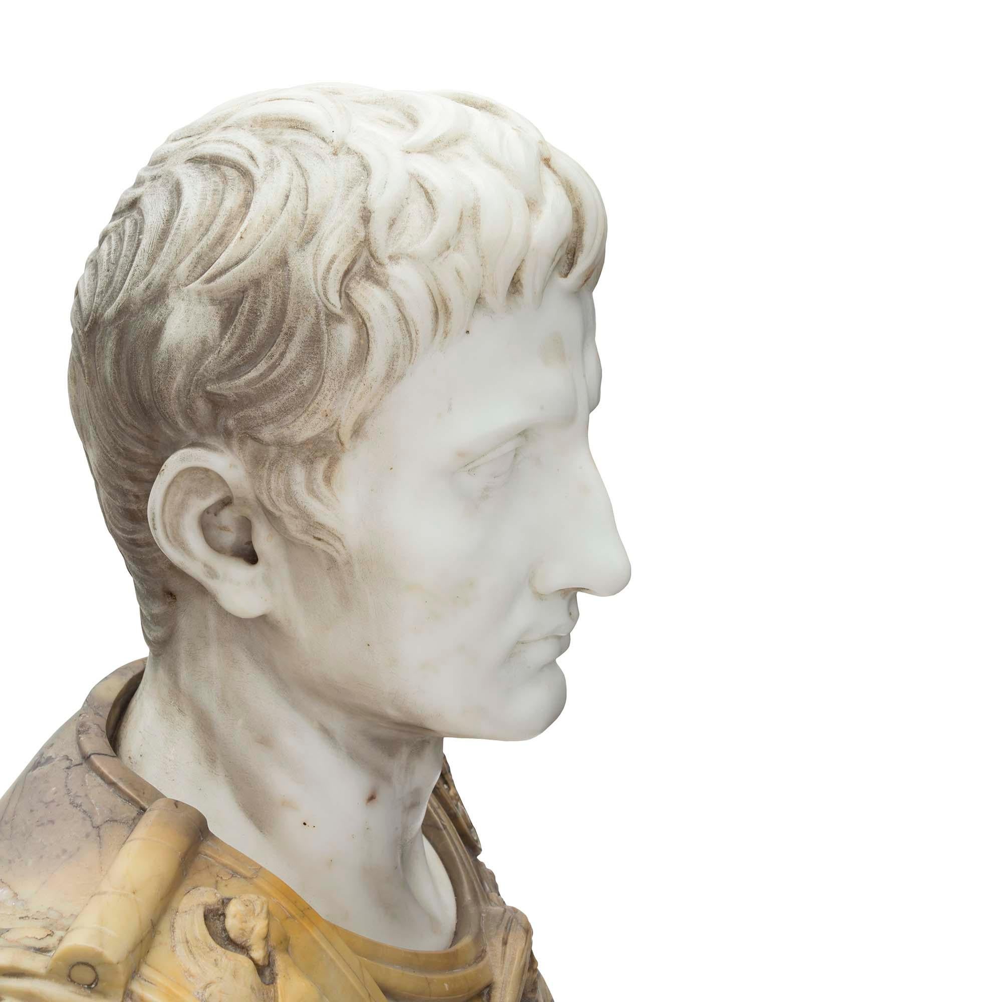 Italian Early 19th Century Carrara Marble and Siena Marble Bust of Augustus 8