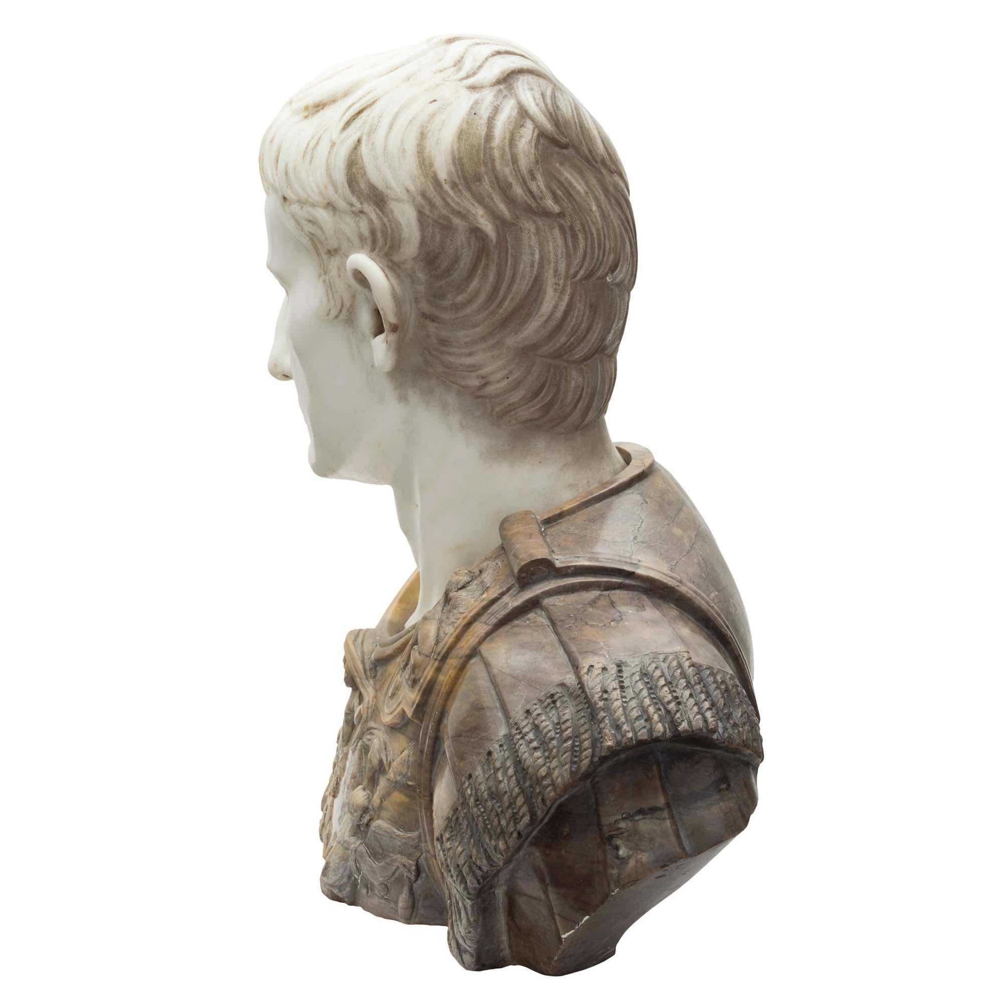 Italian Early 19th Century Carrara Marble and Siena Marble Bust of Augustus 3