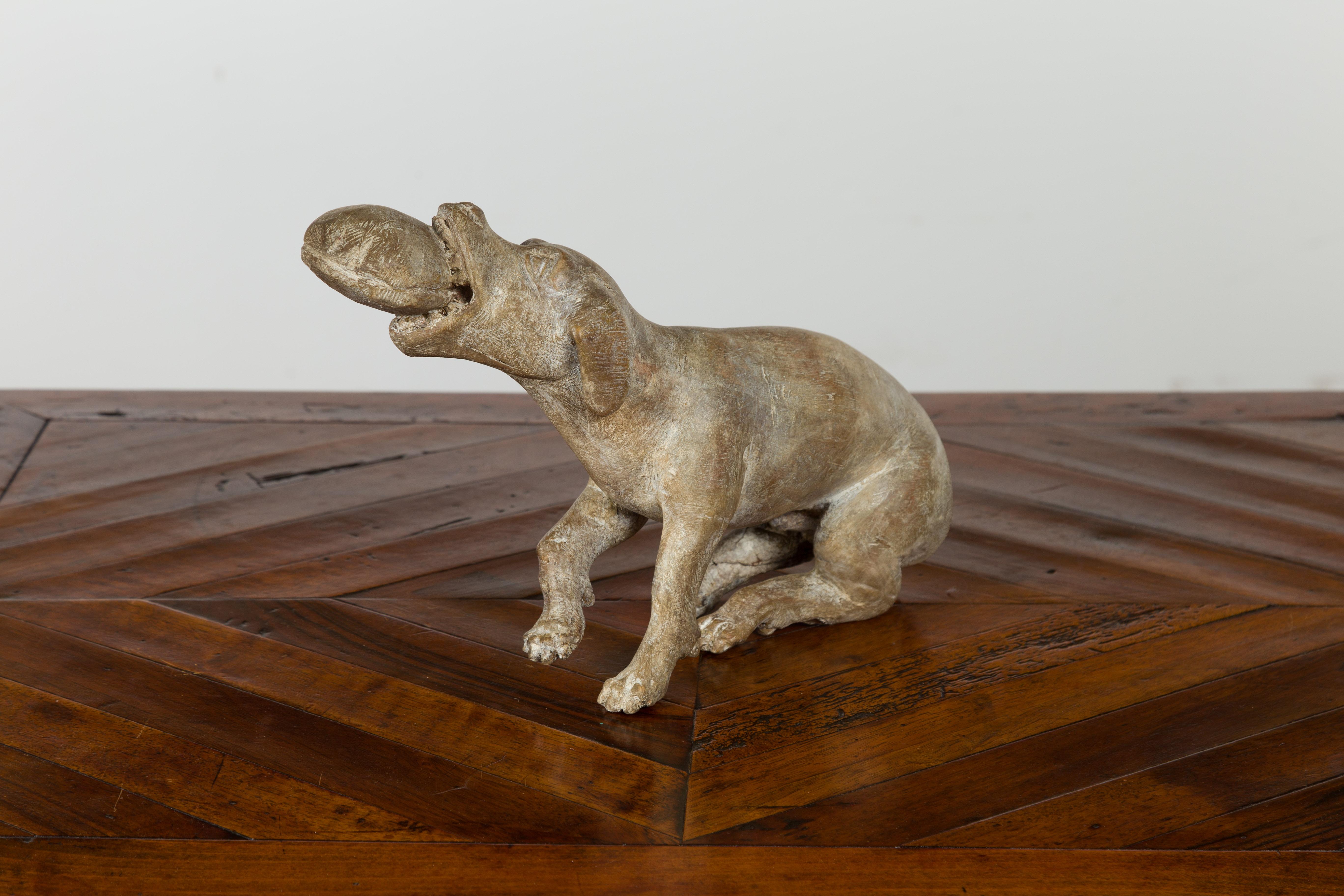 Italian Early 19th Century Carved Wooden Dog Playing with a Toy 8