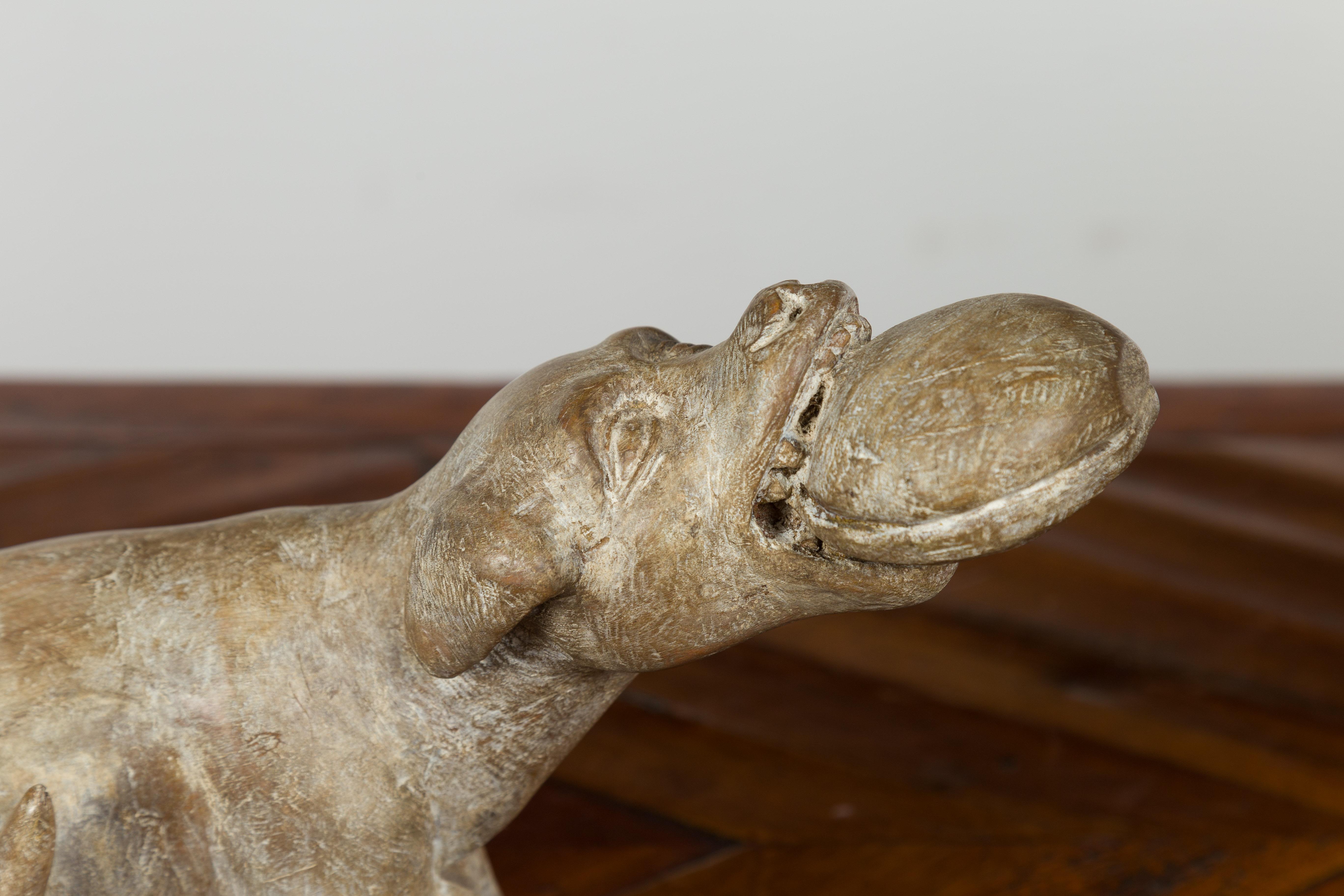 Italian Early 19th Century Carved Wooden Dog Playing with a Toy 2