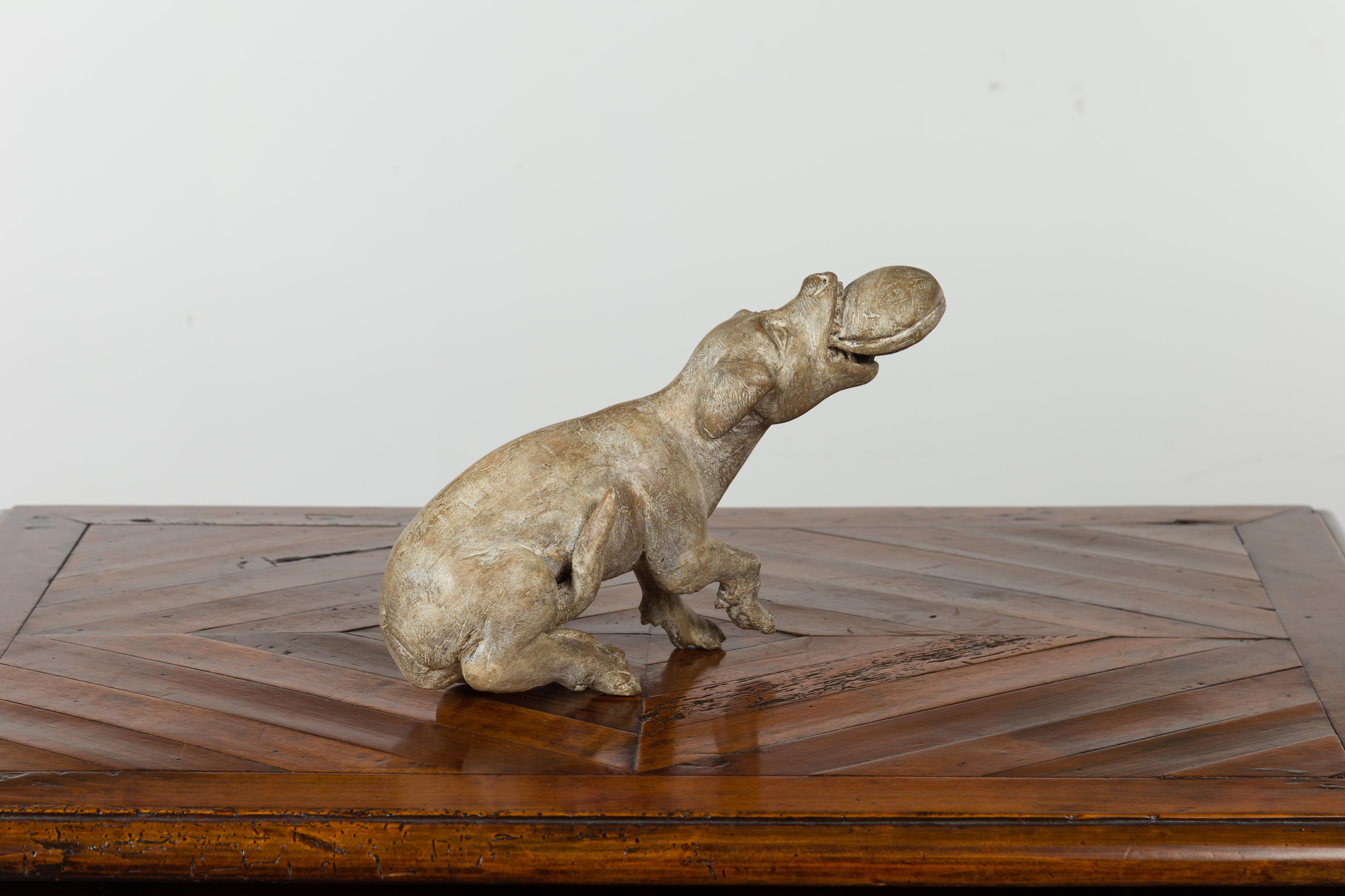 Italian Early 19th Century Carved Wooden Dog Playing with a Toy 4