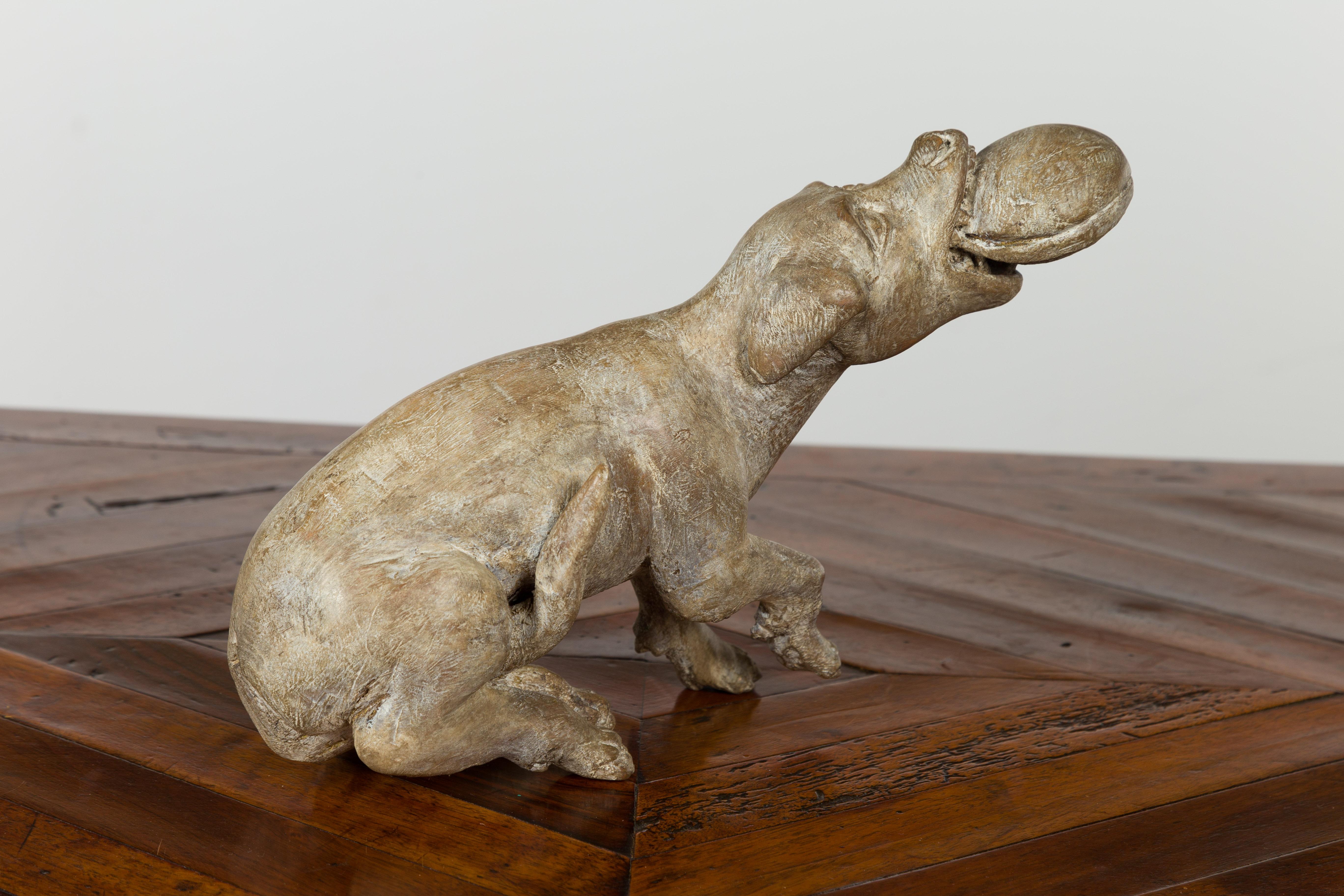 Italian Early 19th Century Carved Wooden Dog Playing with a Toy 5
