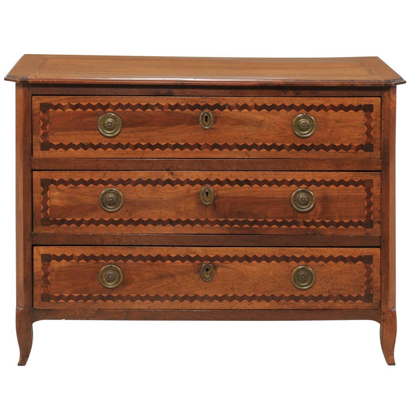 Italian Early 19th Century Inlaid Three-Drawer Commode with Zigzag Motifs
