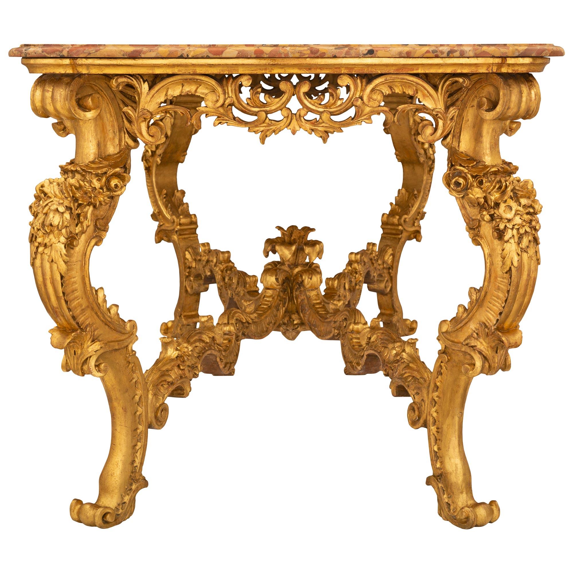 Italian Early 19th Century Louis XV St. Giltwood and Marble Center Table For Sale 1