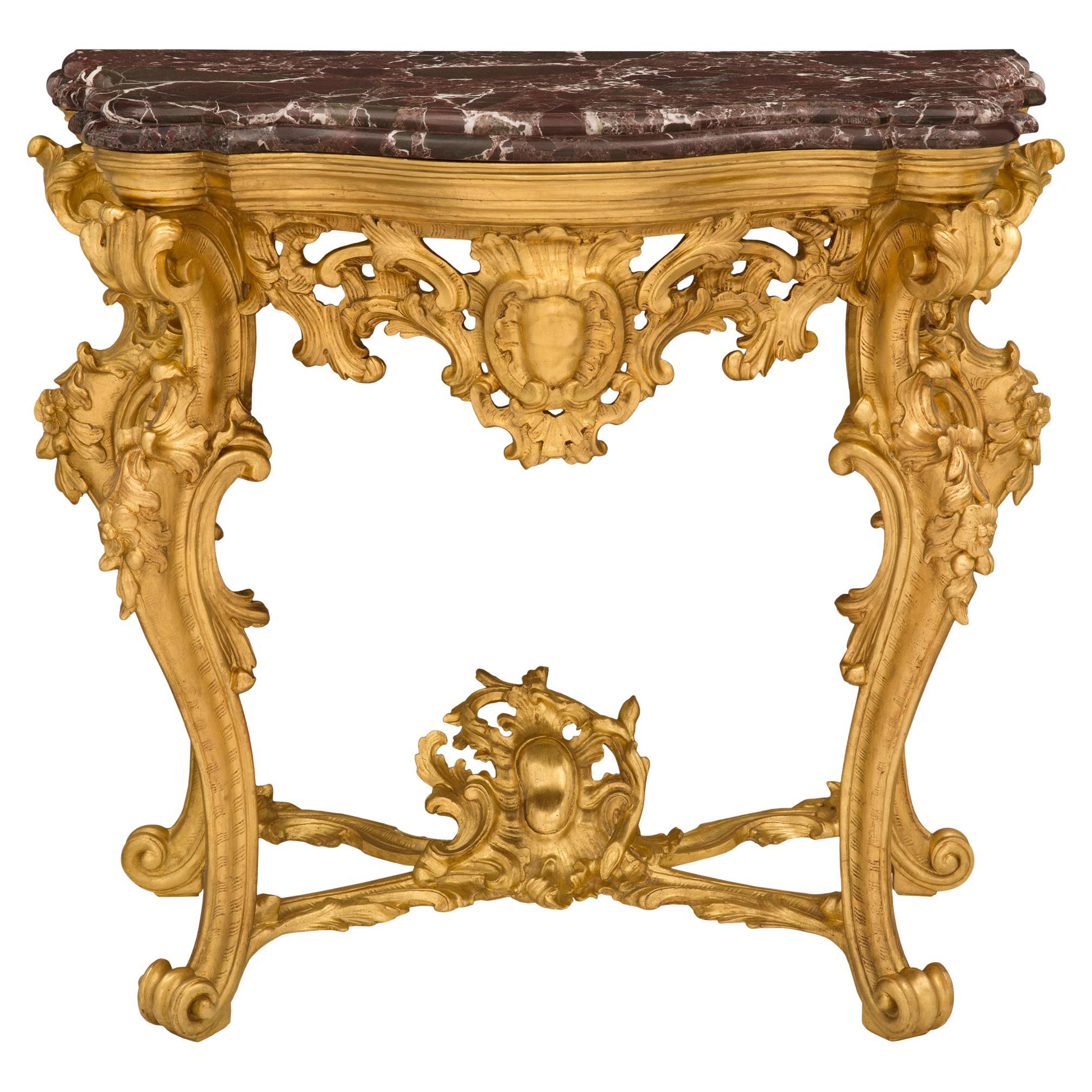 Italian Early 19th Century Louis XV St. Giltwood and Marble Console