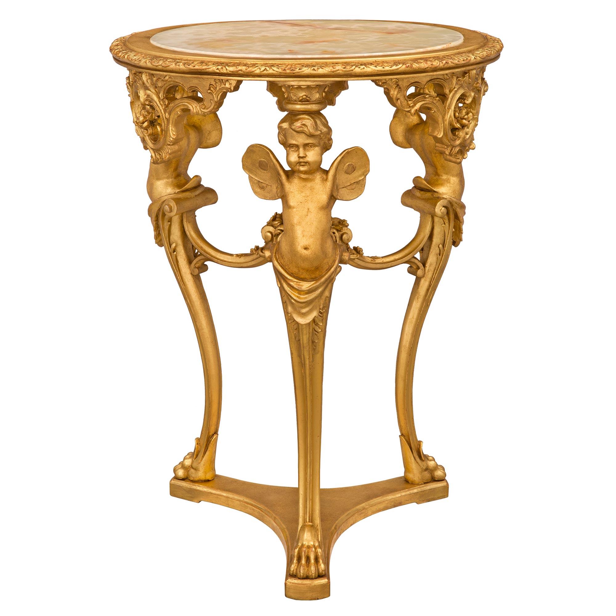 Table d'appoint italienne du début du 19e siècle en bois doré et onyx de style Louis XV en vente 5