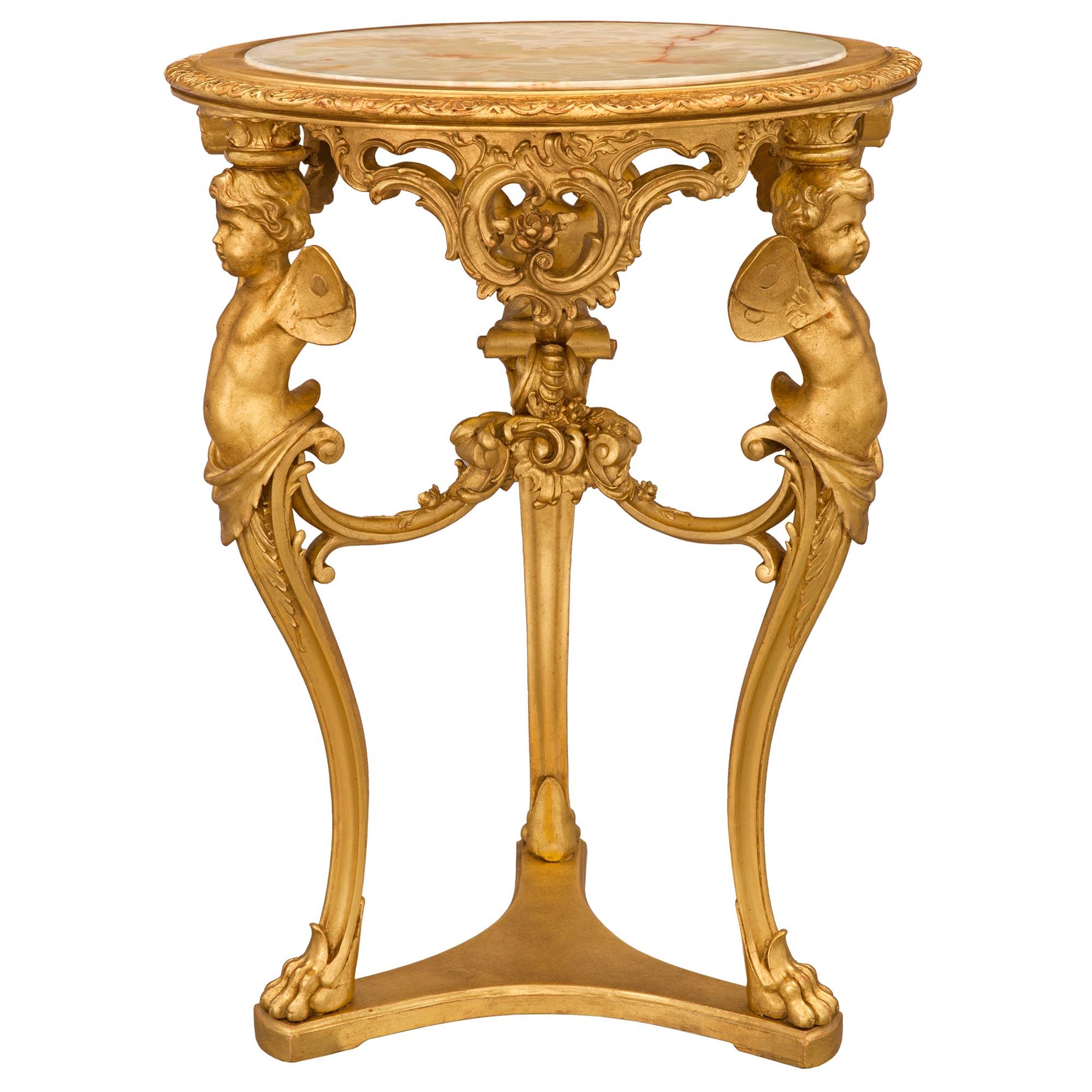 Table d'appoint italienne du début du 19e siècle en bois doré et onyx de style Louis XV Bon état - En vente à West Palm Beach, FL