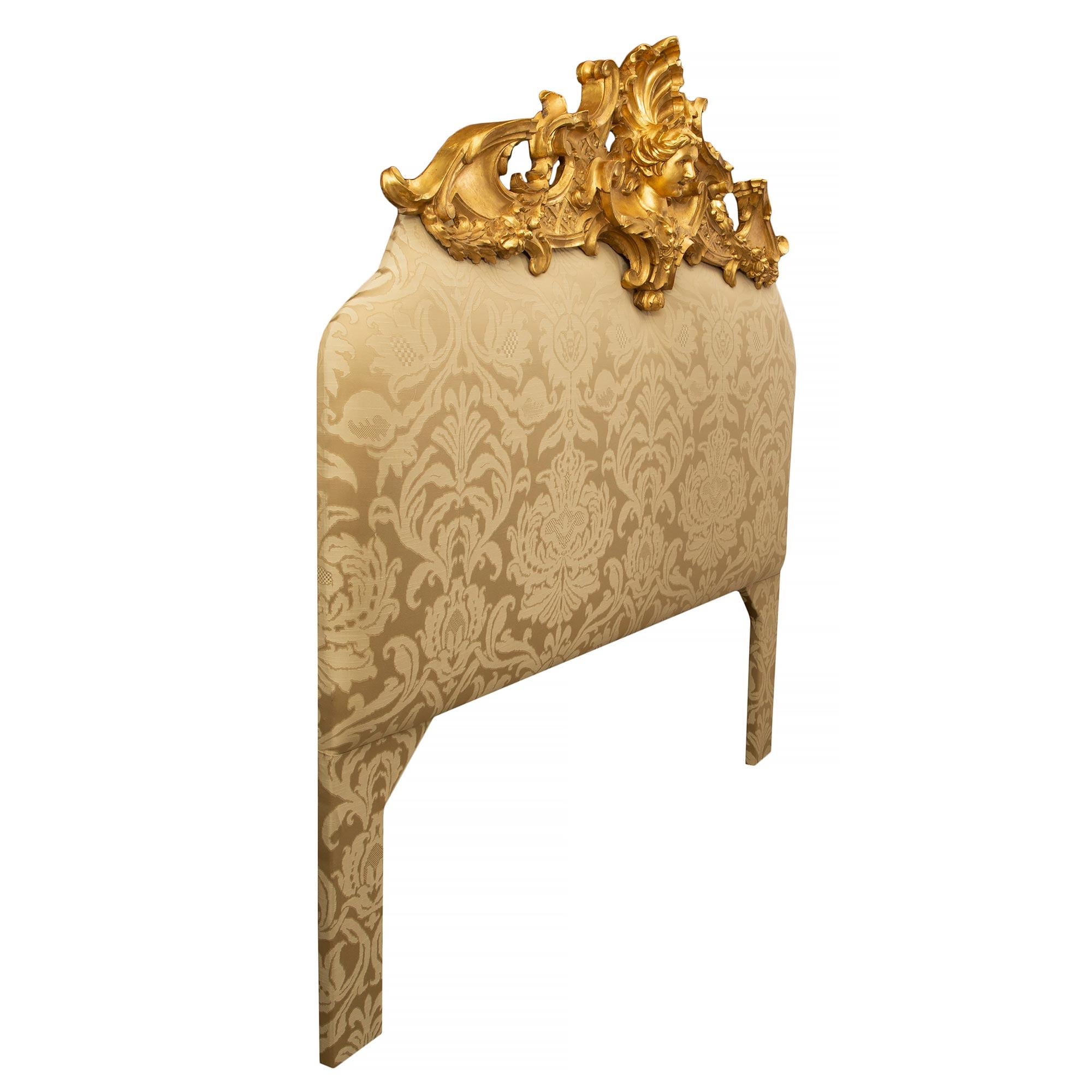 Louis XVI Italian Early 19th Century Louis XV St. Giltwood Upholstered Headboard For Sale