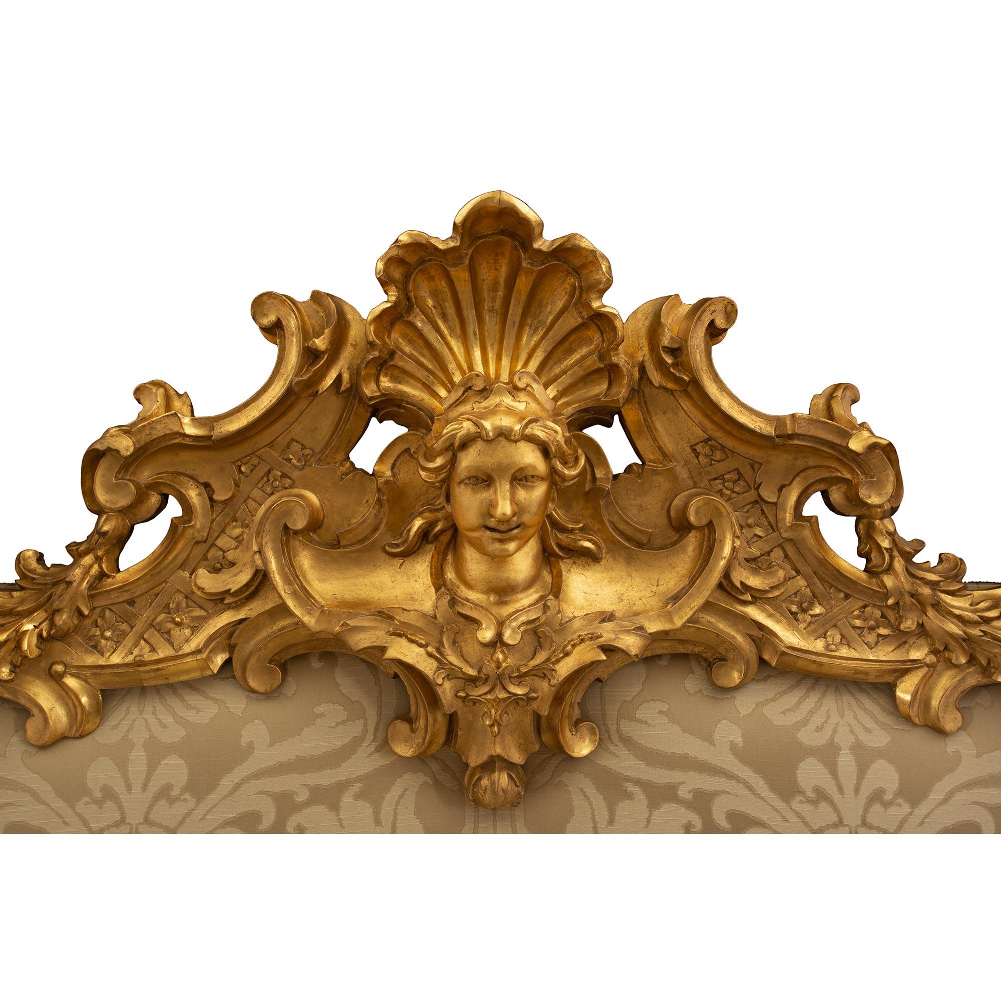 Italian Early 19th Century Louis XV St. Giltwood Upholstered Headboard In Good Condition For Sale In West Palm Beach, FL