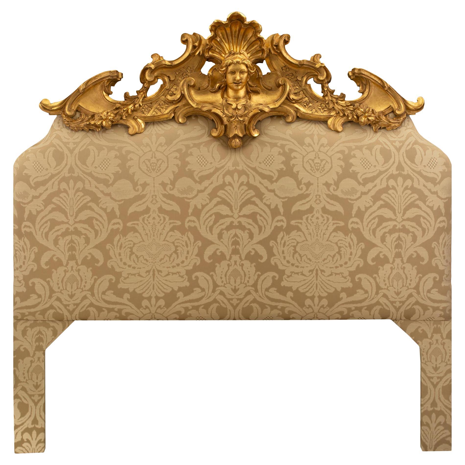 Italian Early 19th Century Louis XV St. Giltwood Upholstered Headboard