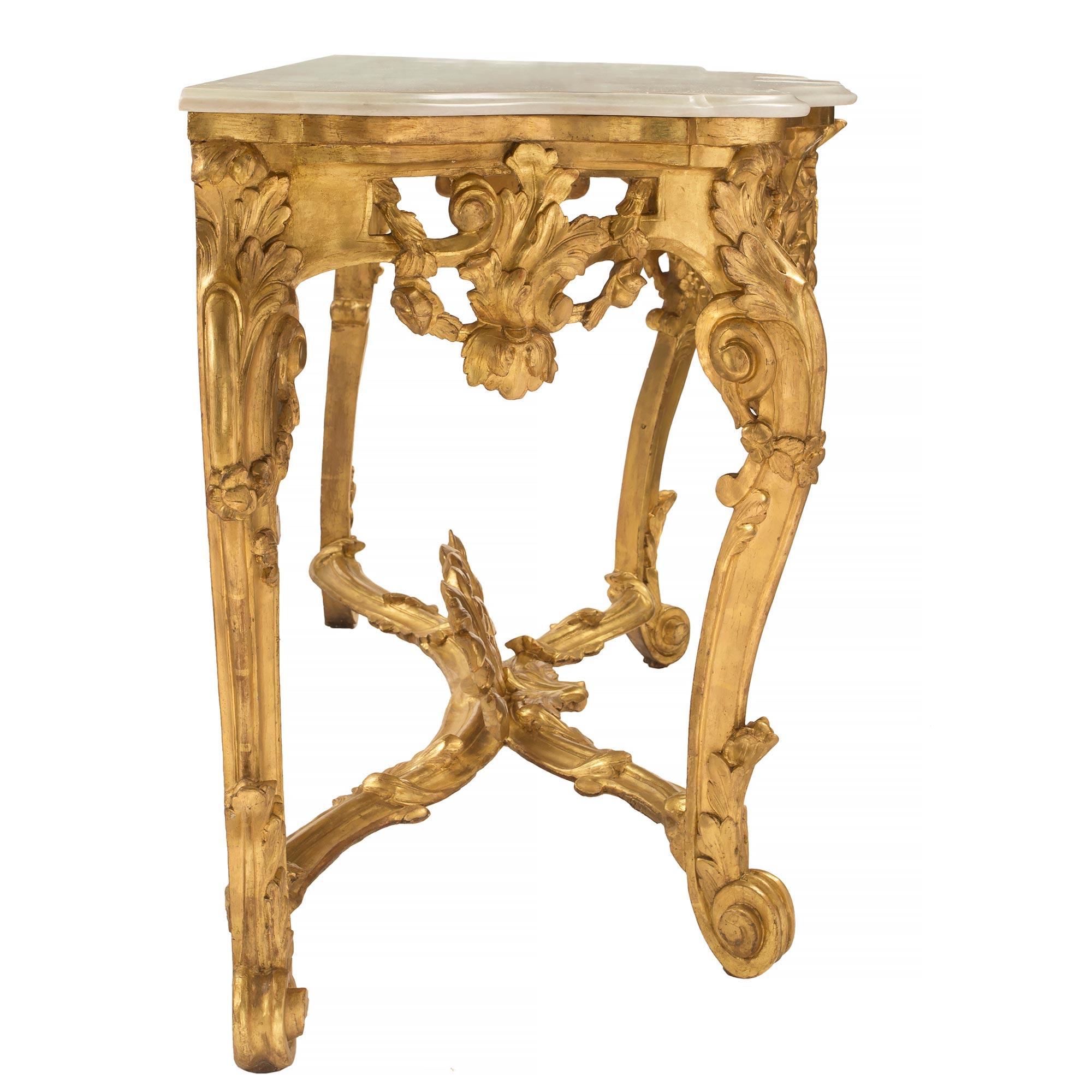 Italian Early 19th Century Louis XV Style Giltwood and Carrara Marble Console For Sale 1