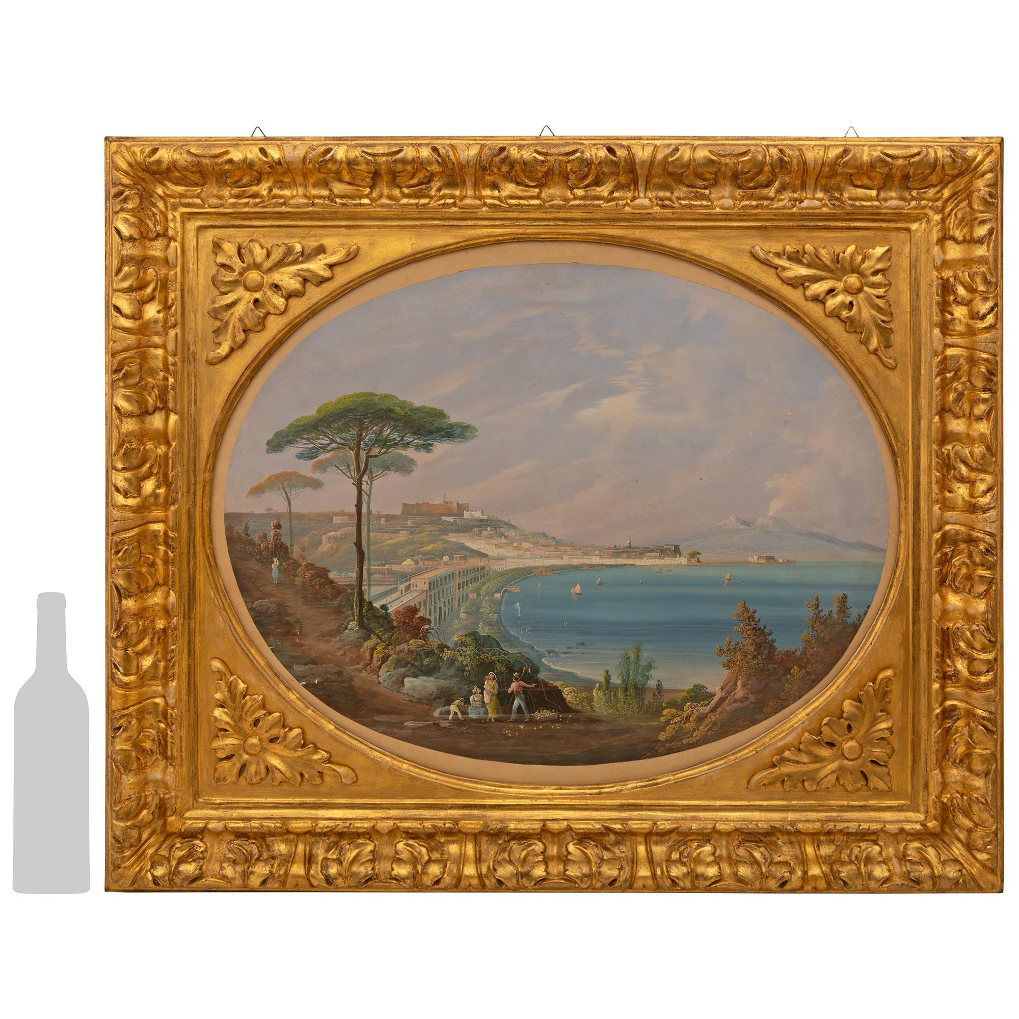A beautiful and most elegant Italian early 19th century Louis XVI st. Gouache with Giltwood painting. This finely detailed Gouache is set within a rectangular Giltwood Louis XVI st. frame with a central oval opening. The oval painting depicts a