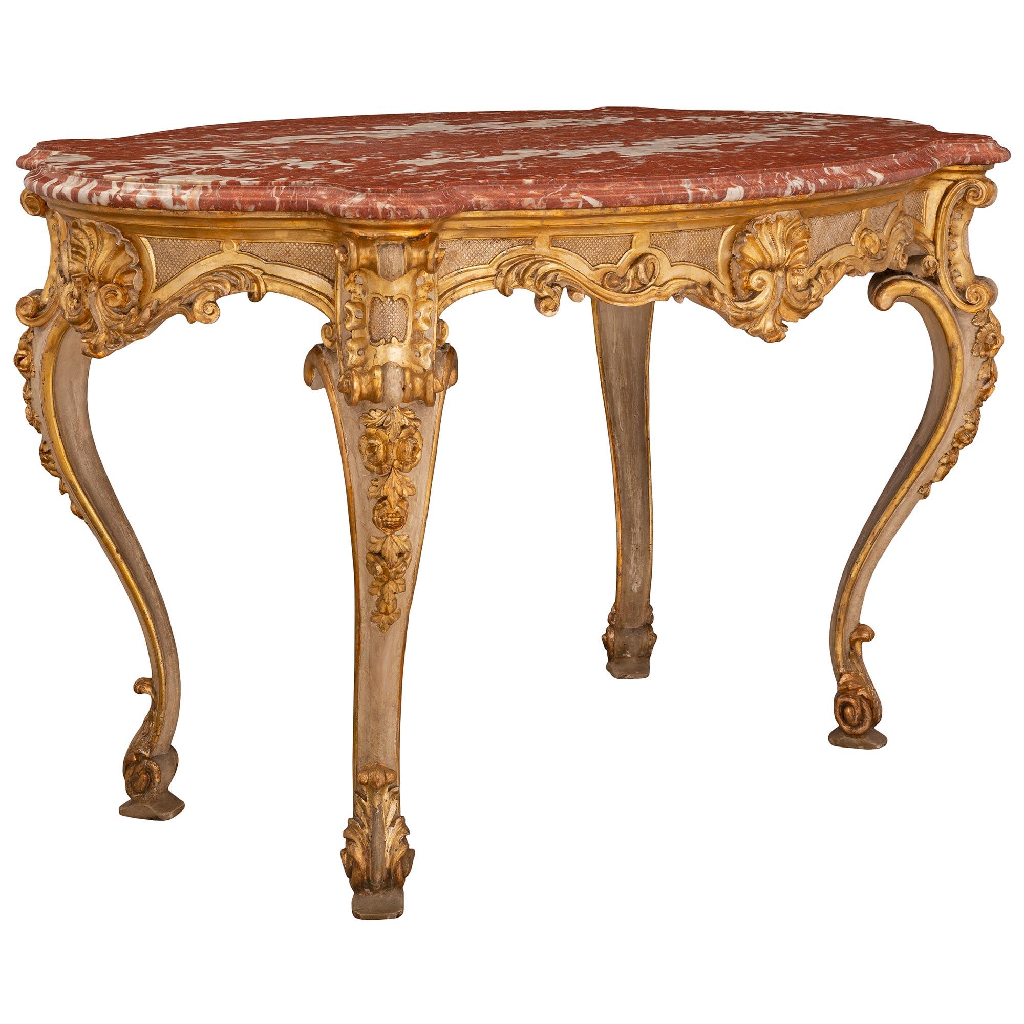 Louis XV Italian Early 19th Century Mecca, Patinated, and Veneered Marble Center Table For Sale