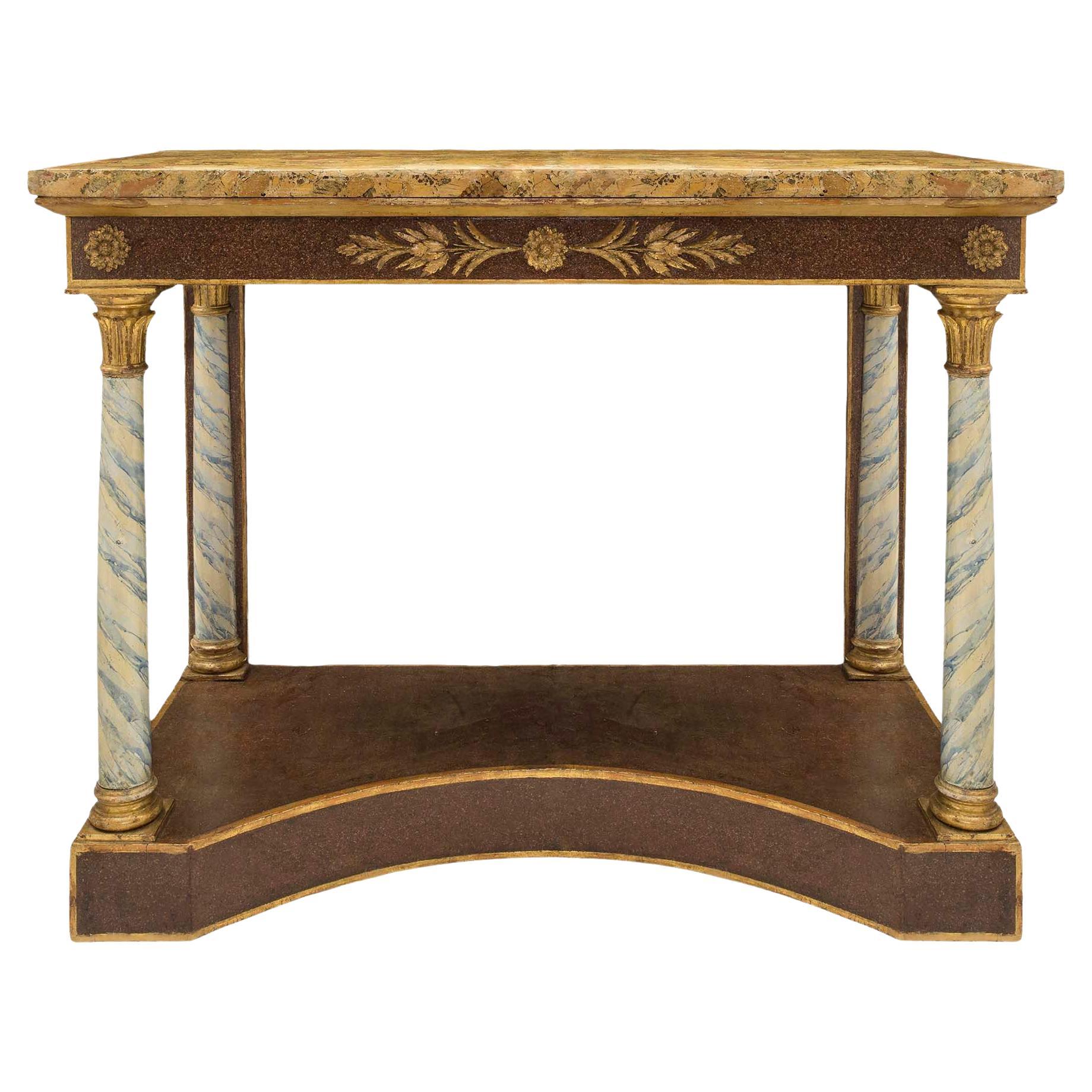 Console italienne néo-classique du début du XIXe siècle en bois doré et Scagliola