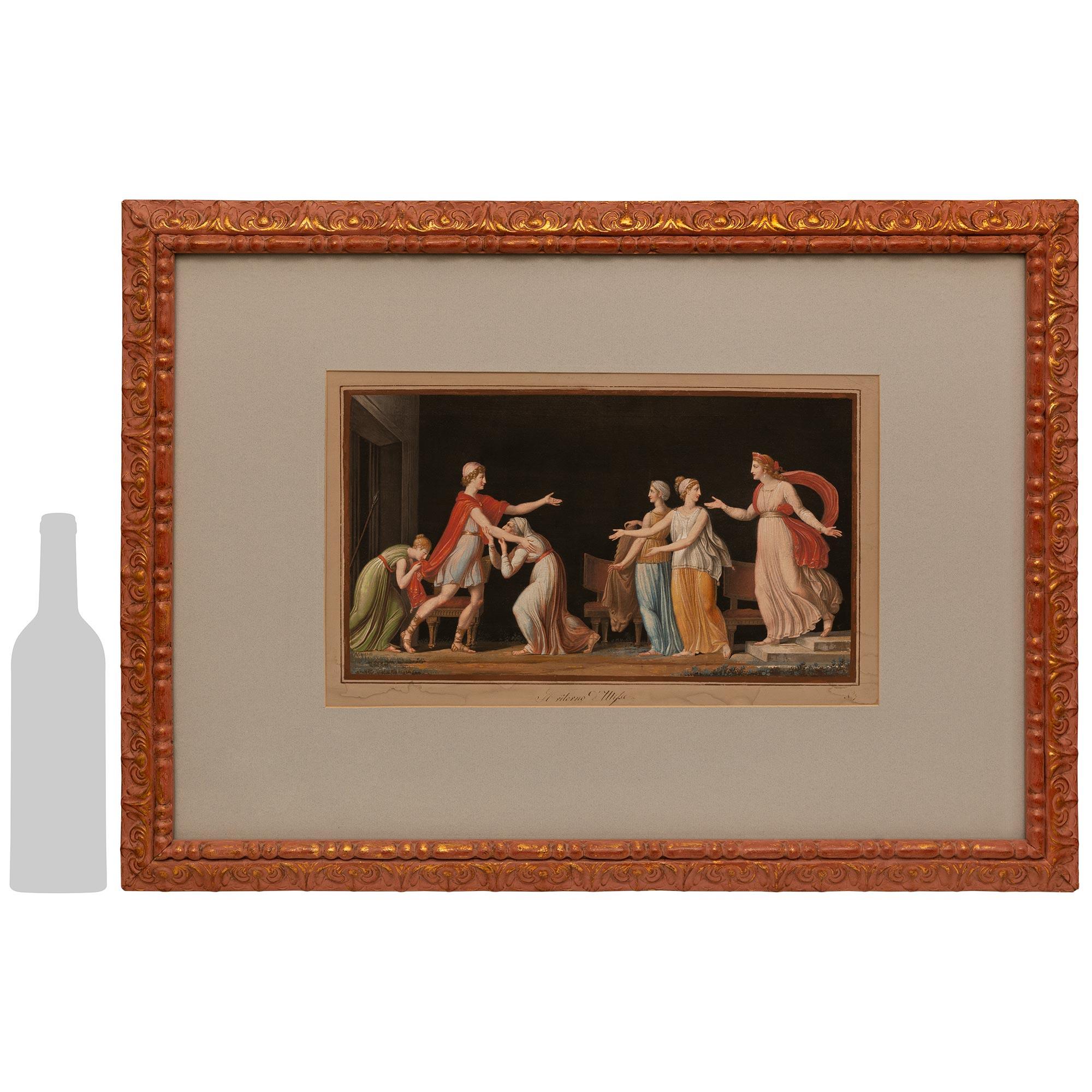 An important and high quality Italian early 19th century Neo-Classical st. Gilt and patinated wood Gouache, by Maestri Michelangelo. This beautiful Gouache is framed within a rectangular patinated and gilt frame decorated with scrolling foliate