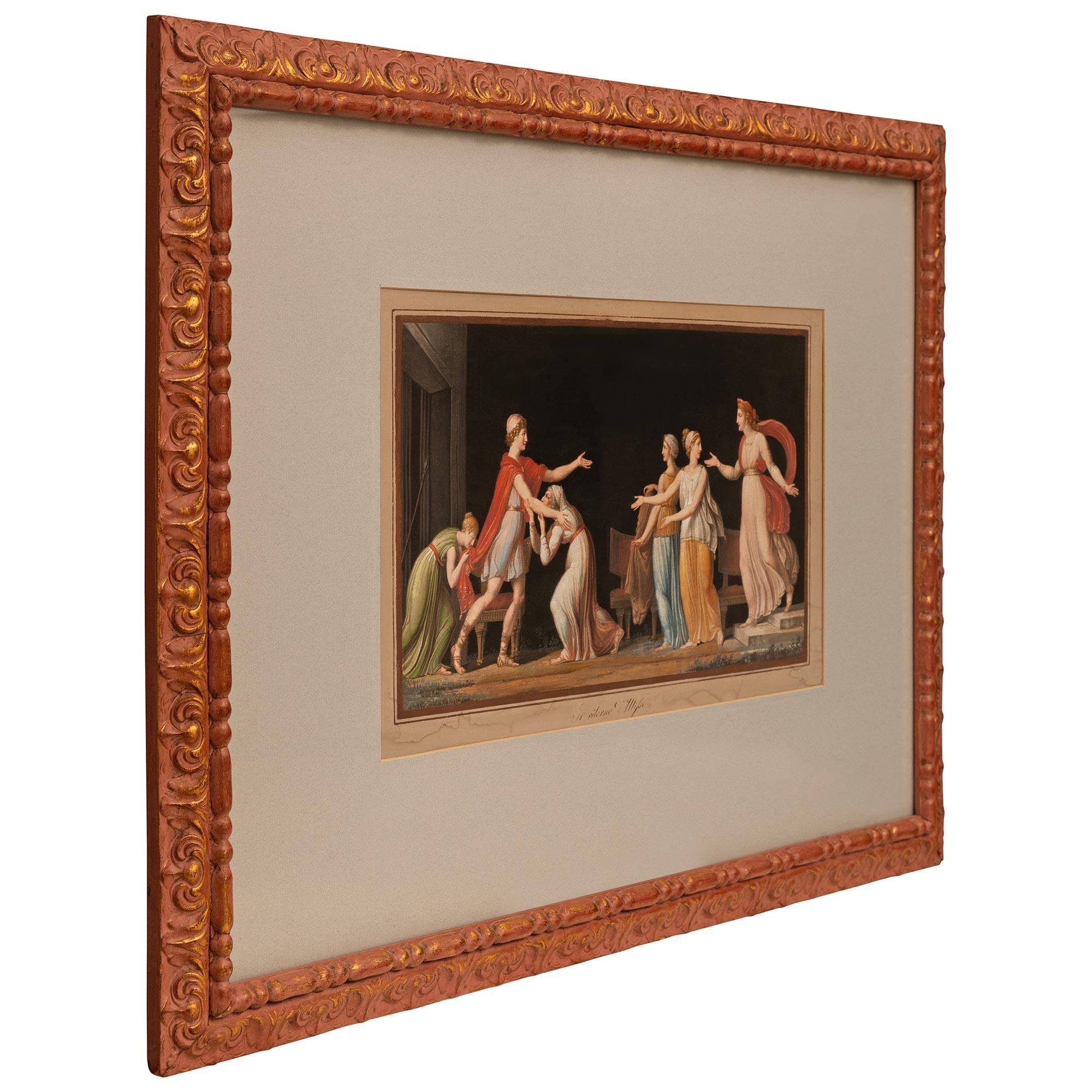 Neoclassical Italian early 19th century Neo-Classical st. Gilt and patinated wood Gouache For Sale
