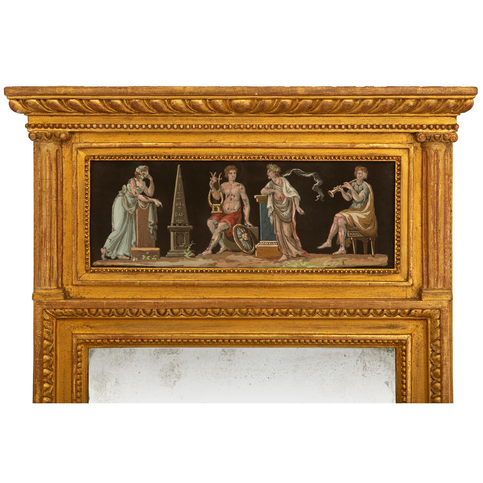 Néoclassique Miroir Trumeau en bois doré et gouache de style néo-classique italien du début du 19ème siècle en vente
