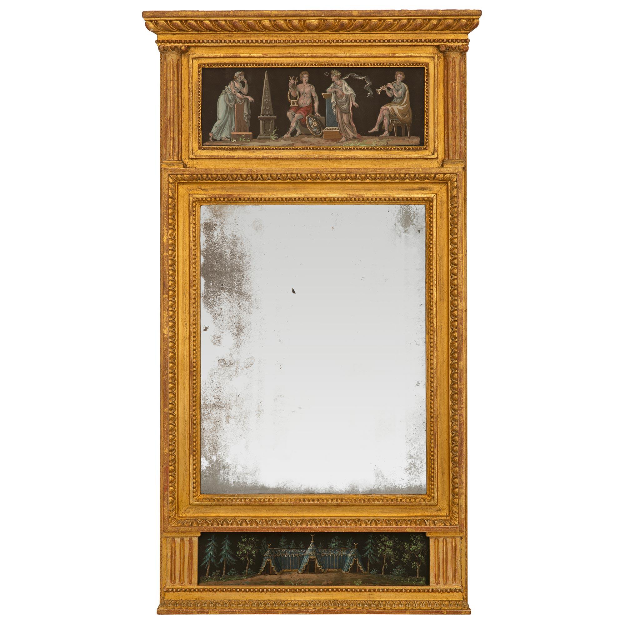 Miroir Trumeau en bois doré et gouache de style néo-classique italien du début du 19ème siècle en vente 3