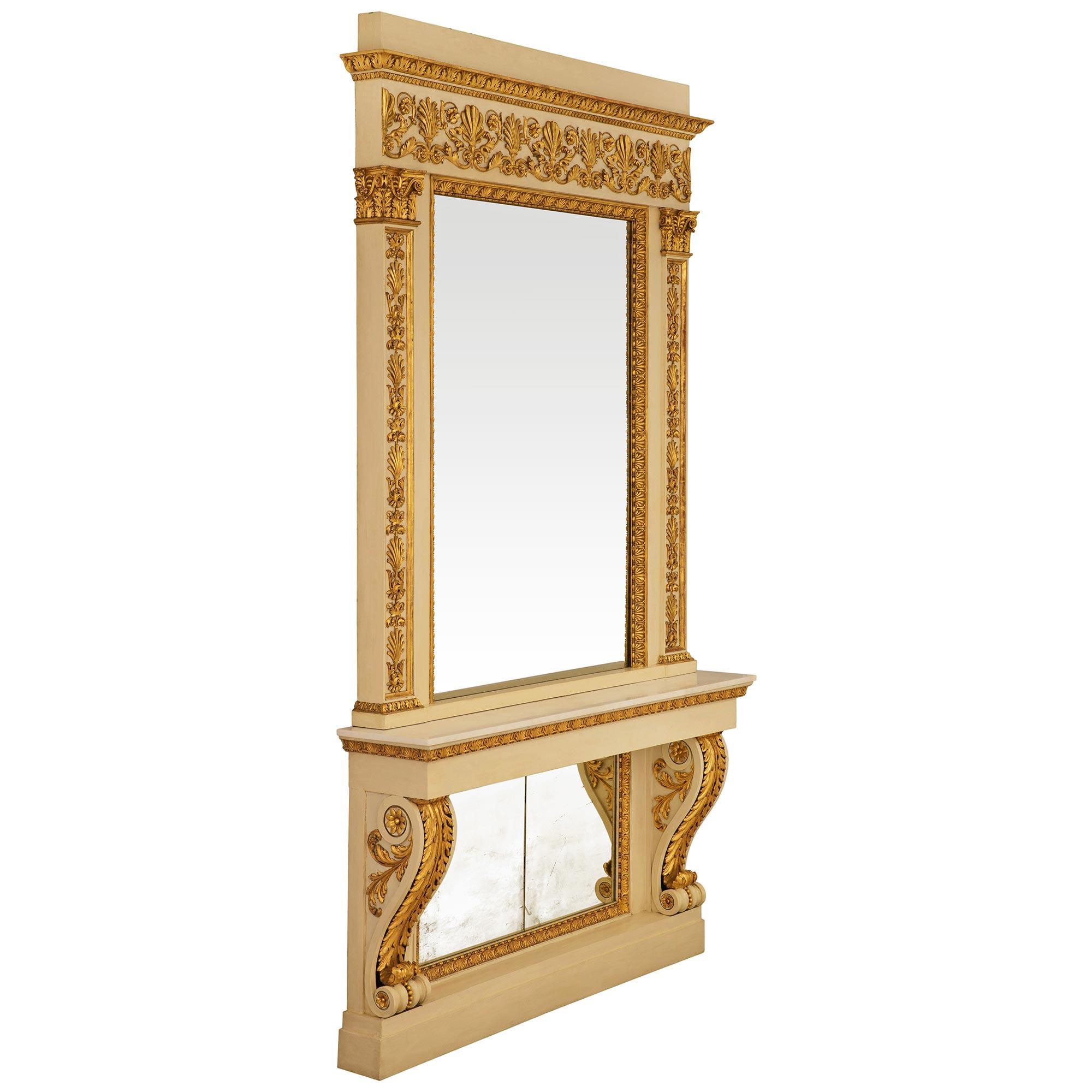 Neoclassical Italian early 19th century patinated and Giltwood mirror and console For Sale
