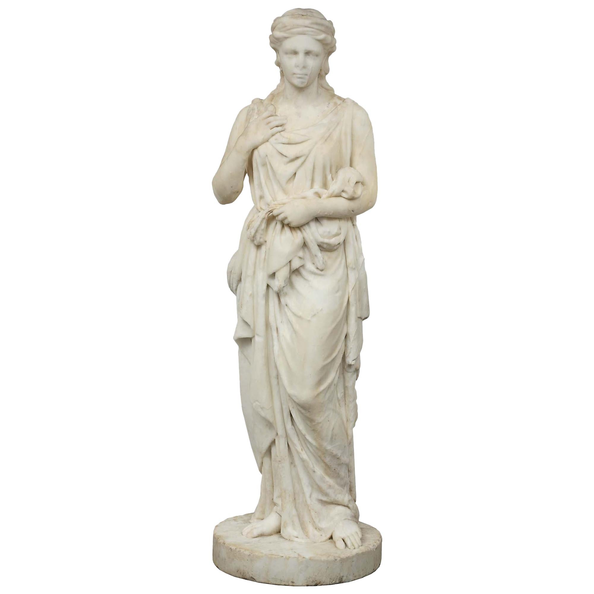 Italian 19th Century White Carrara Marble Statue of a Maiden Sitting on a Rock For Sale at 1stDibs