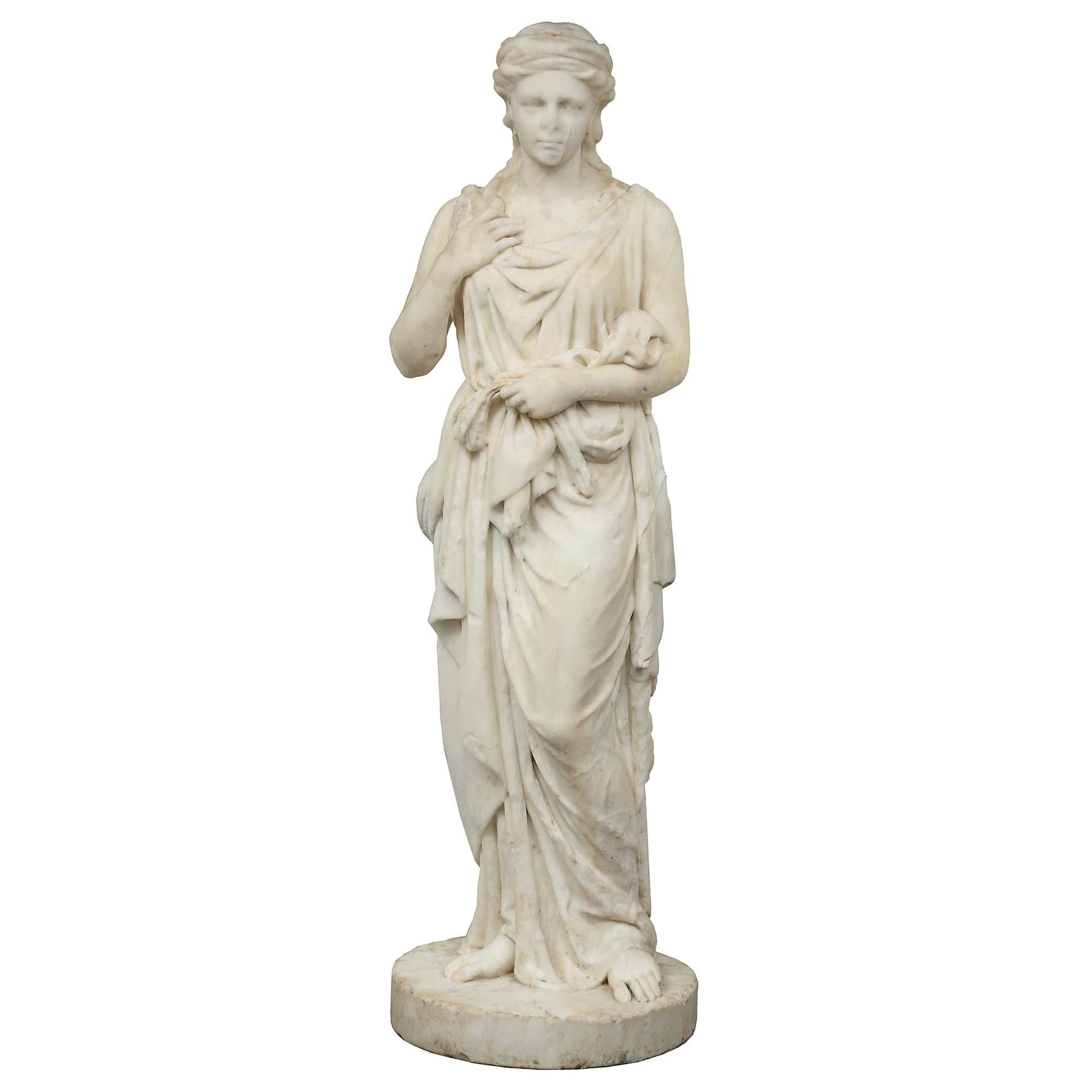 Italian Early 19th Century Solid White Carrara Marble Statue of a Young Maiden For Sale