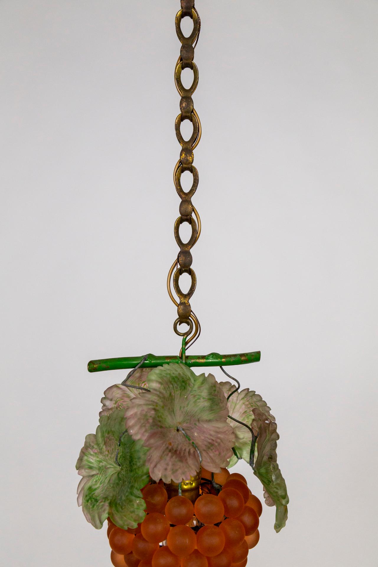 Carved Italian Early 20th C. Glass Grape Bunch Pendant Light (2 available) For Sale