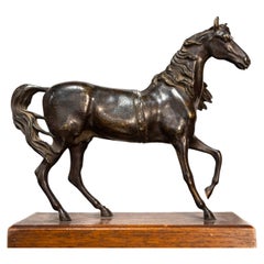 Italian Early 20th Century Bronze Horse Sculpture on Rectangular Wooden Base