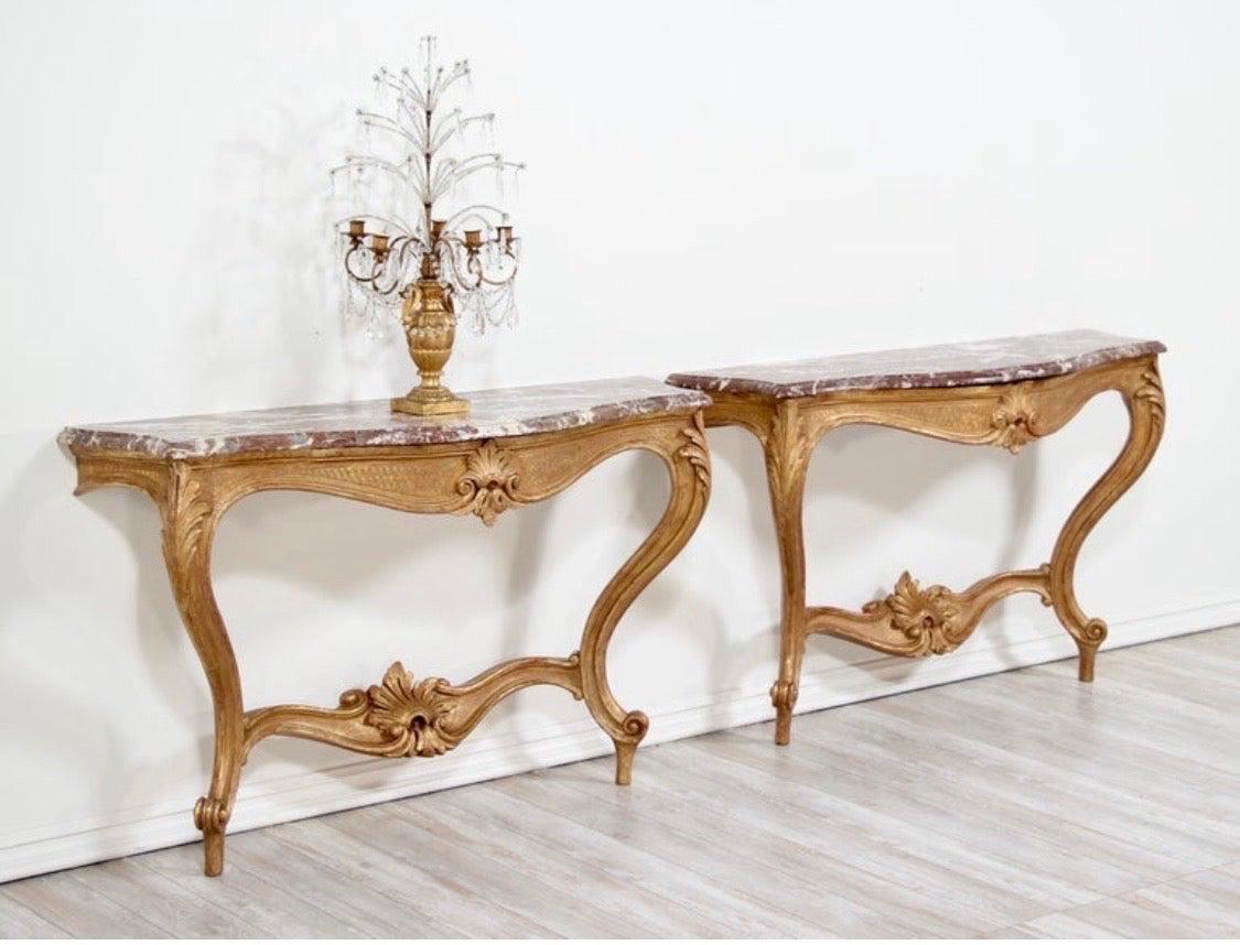 Louis XV Italian Early 20th Century Carved Giltwood Console Tables For Sale