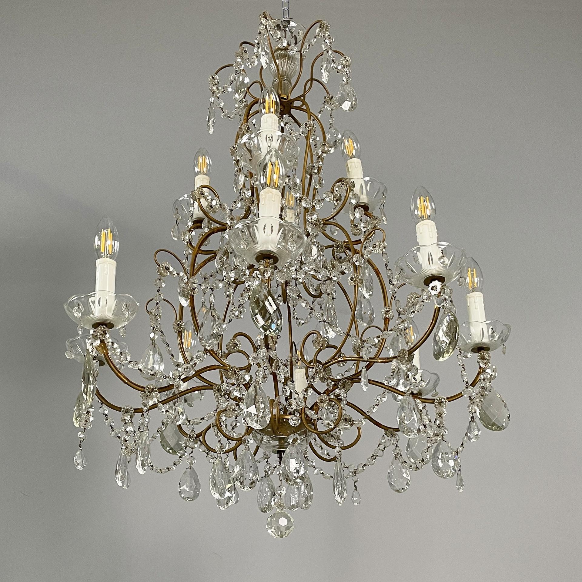 20ième siècle Lustre italien du début du 20e siècle en verre et laiton, 1900-1950s en vente