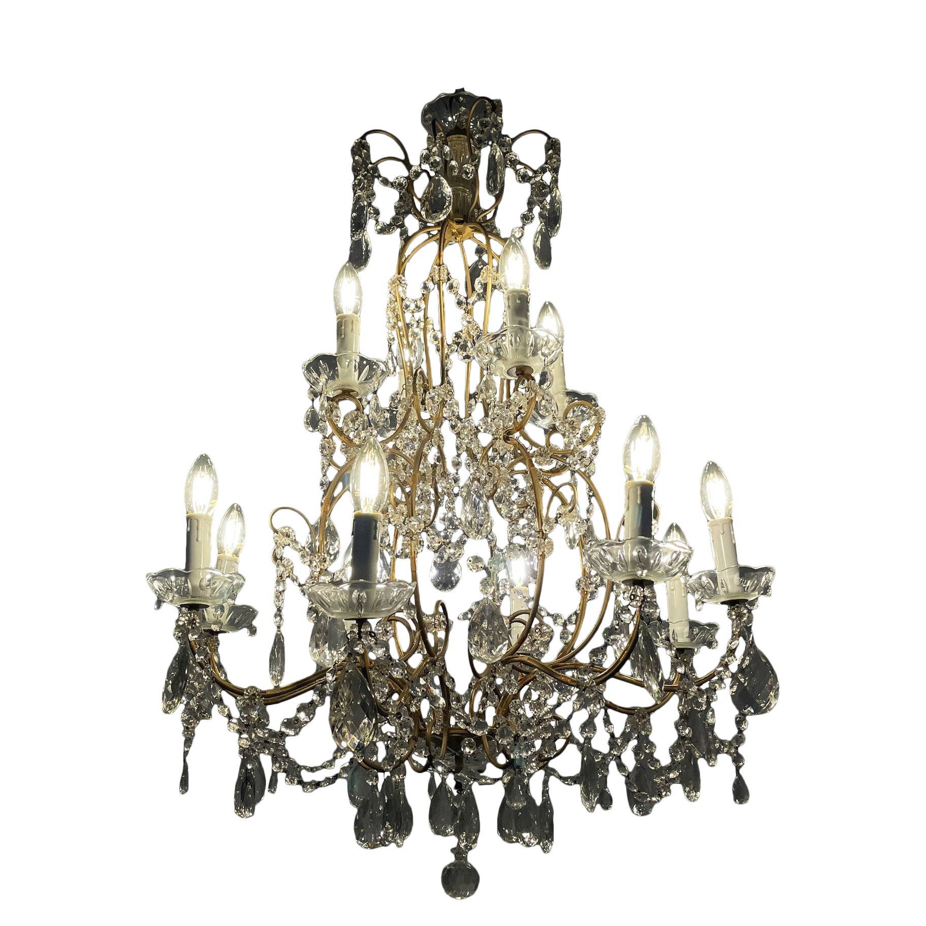 Lampadario italiano a goccia in vetro e ottone dei primi del Novecento, 1900-1950