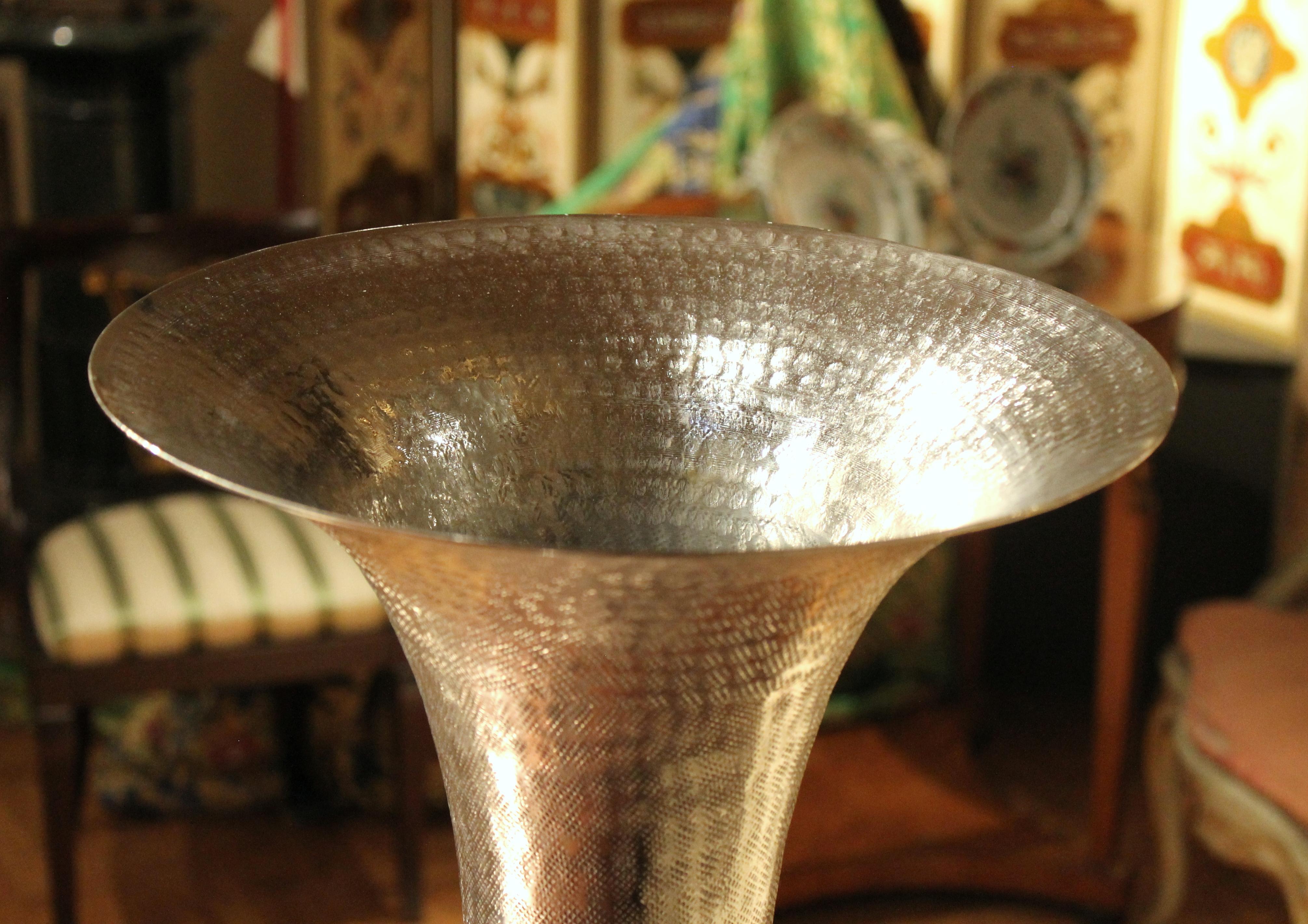 Italian Early 20th Century Modernist Hammered Cast Aluminum Trumpet Shape Vases 12