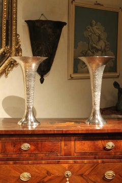 Italian Early 20th Century Modernist Hammered Cast Aluminum Trumpet Shape Vases