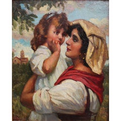 Italian Early 20th Century Oil on Panel "Mother and Daughter" Ottorino Pugnaloni