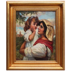 Olio su pannello dei primi del Novecento "Madre e figlia" Ottorino Pugnaloni
