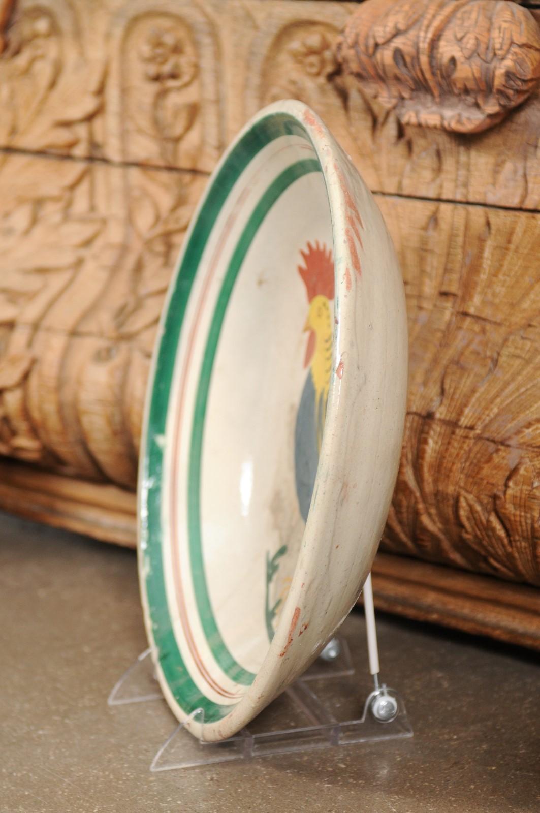 Italian Early 20th Century Pottery Bowl with Rooster Motif and Green Border For Sale 6