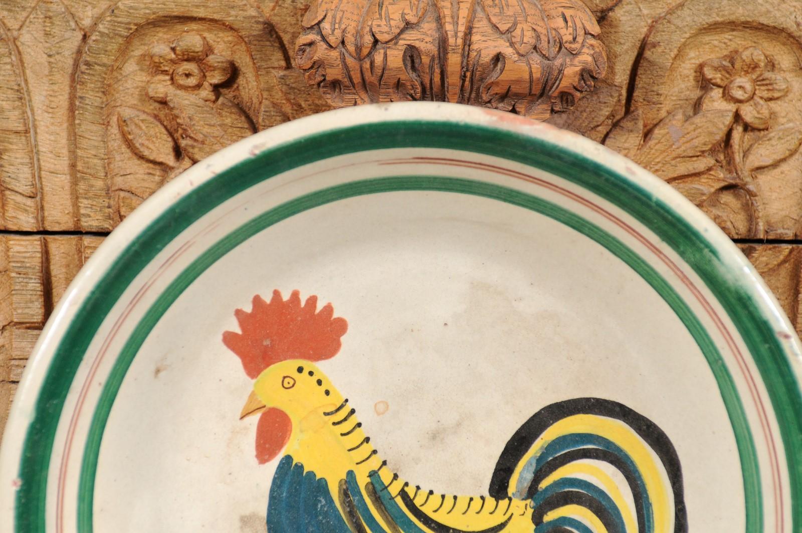 Italian Early 20th Century Pottery Bowl with Rooster Motif and Green Border For Sale 1