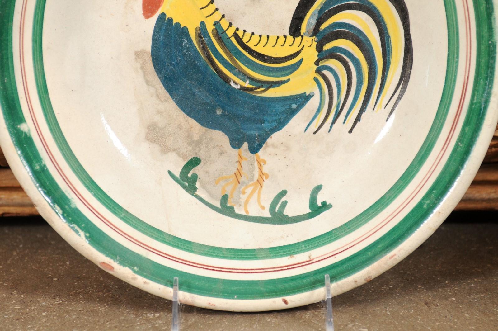 Italian Early 20th Century Pottery Bowl with Rooster Motif and Green Border For Sale 2