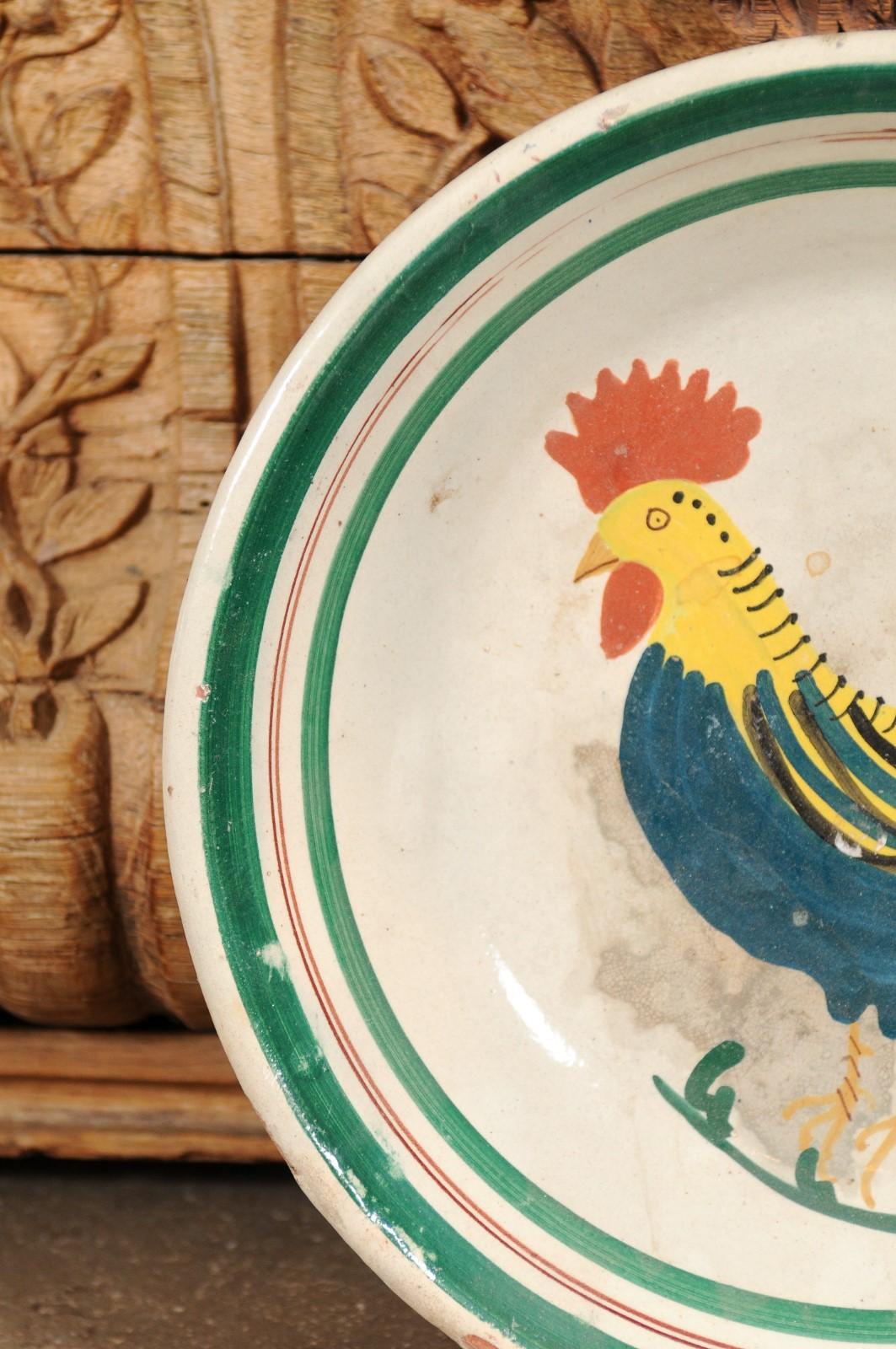 Italian Early 20th Century Pottery Bowl with Rooster Motif and Green Border For Sale 3