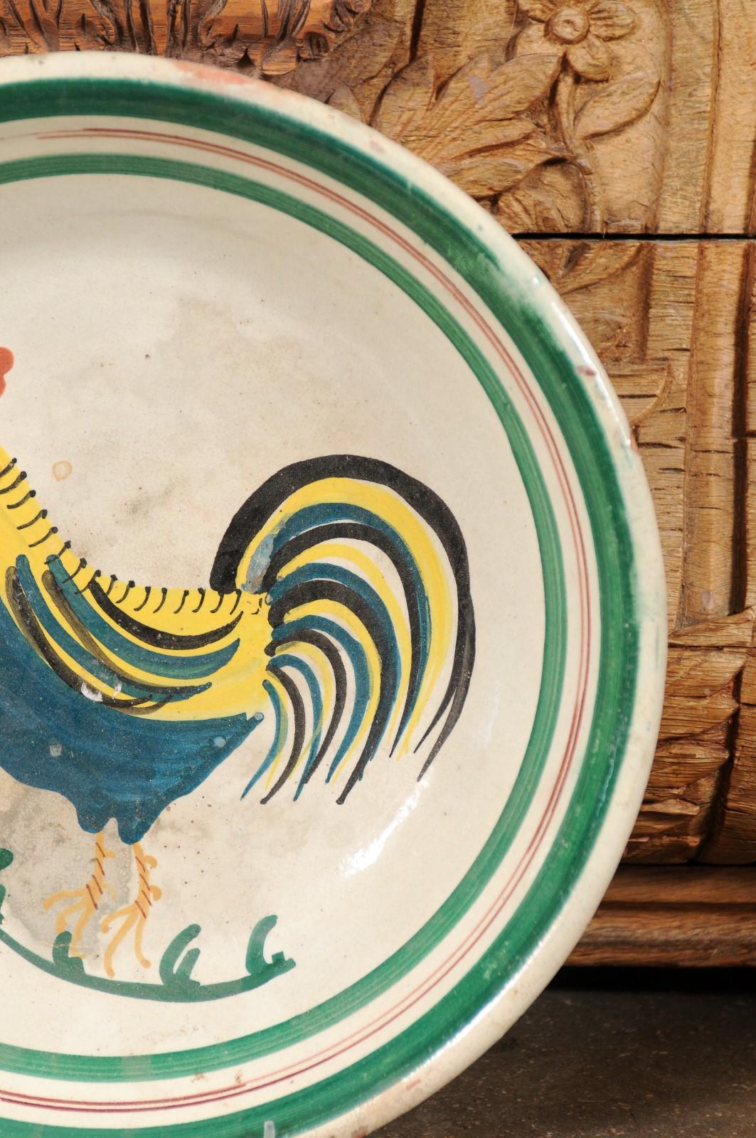 Italian Early 20th Century Pottery Bowl with Rooster Motif and Green Border For Sale 4