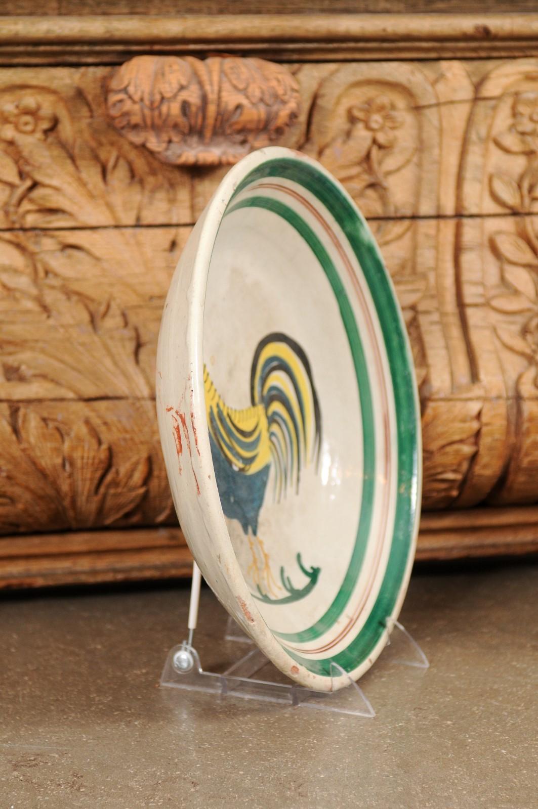 Italian Early 20th Century Pottery Bowl with Rooster Motif and Green Border For Sale 5