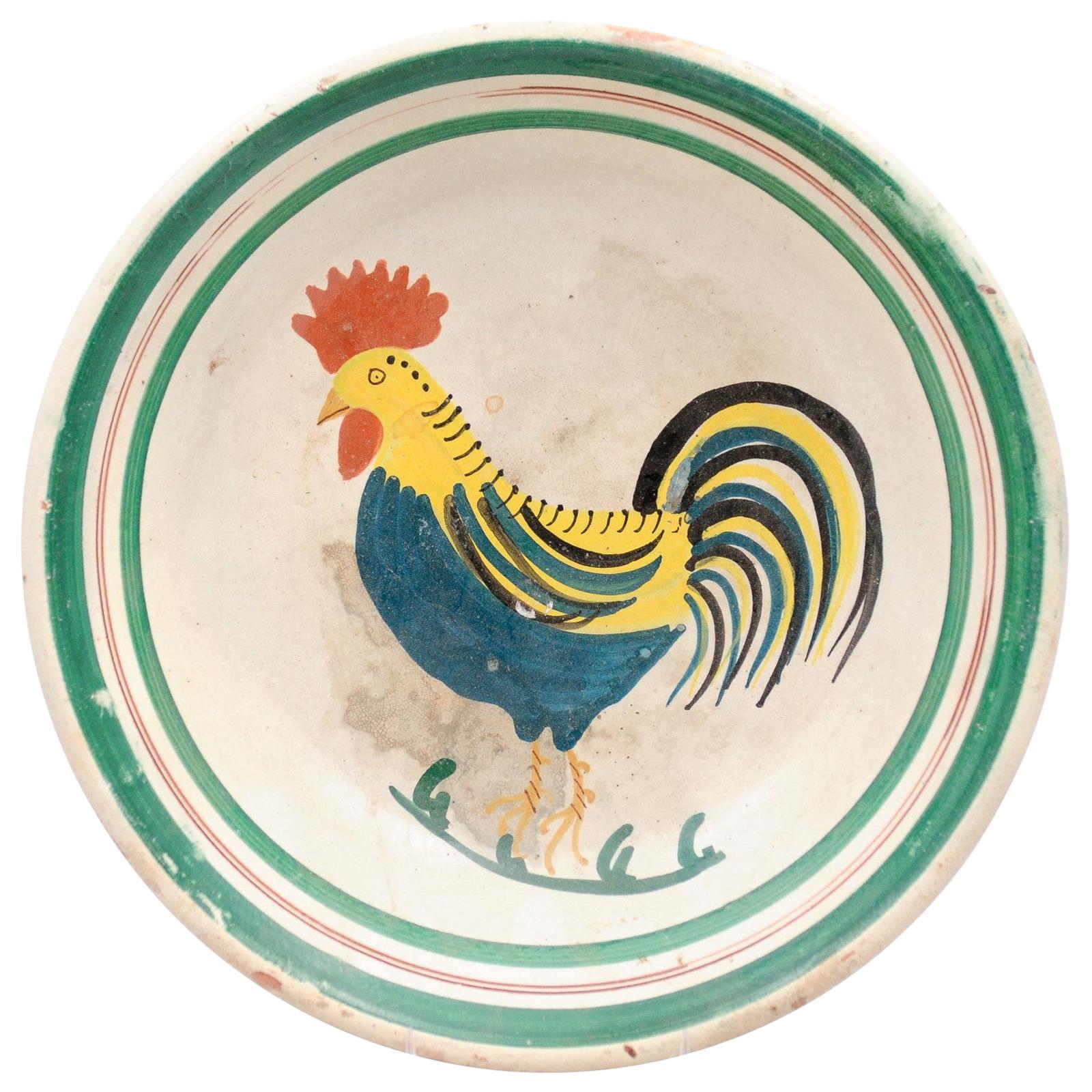 Cuenco de cerámica italiana de principios del siglo XX con motivo de gallo y borde verde