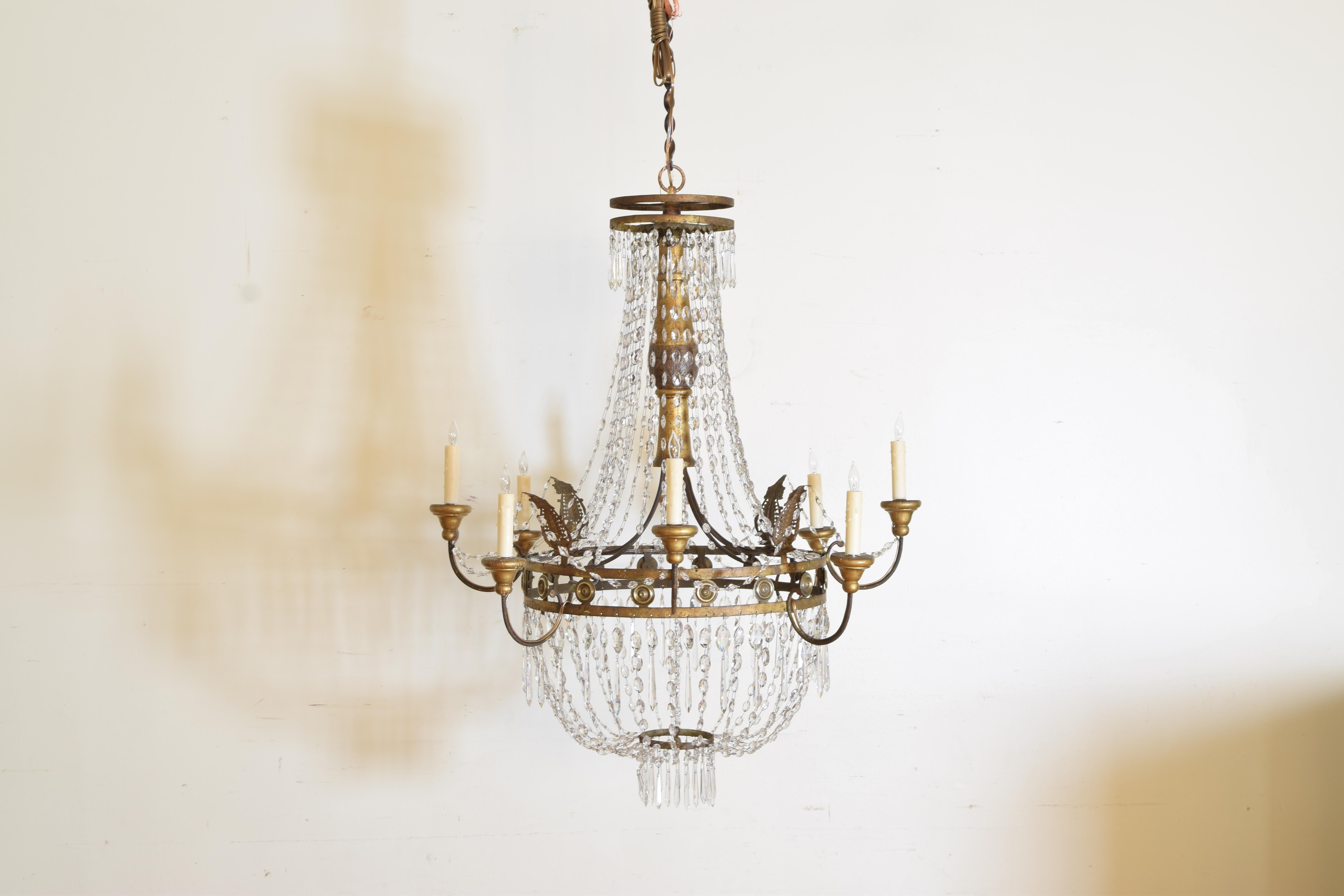 Neoclassical Italian Early Neoclassic Gilt Iron, Brass, & Glass 8-Light Chandelier ca 1780-17