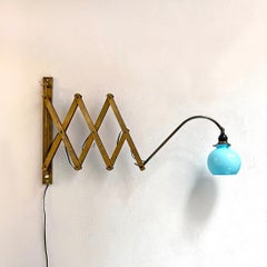 Italian Early-Twentieth C. Pantograph Brass Wall Lamp with Blue Glass, 1900s