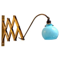 Antique Italian Early-Twentieth C. Pantograph Brass Wall Lamp with Blue Glass, 1900s