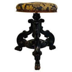 Antique Italian Early Twentieth Century Wood Stool with Damask Fabric, 1900s