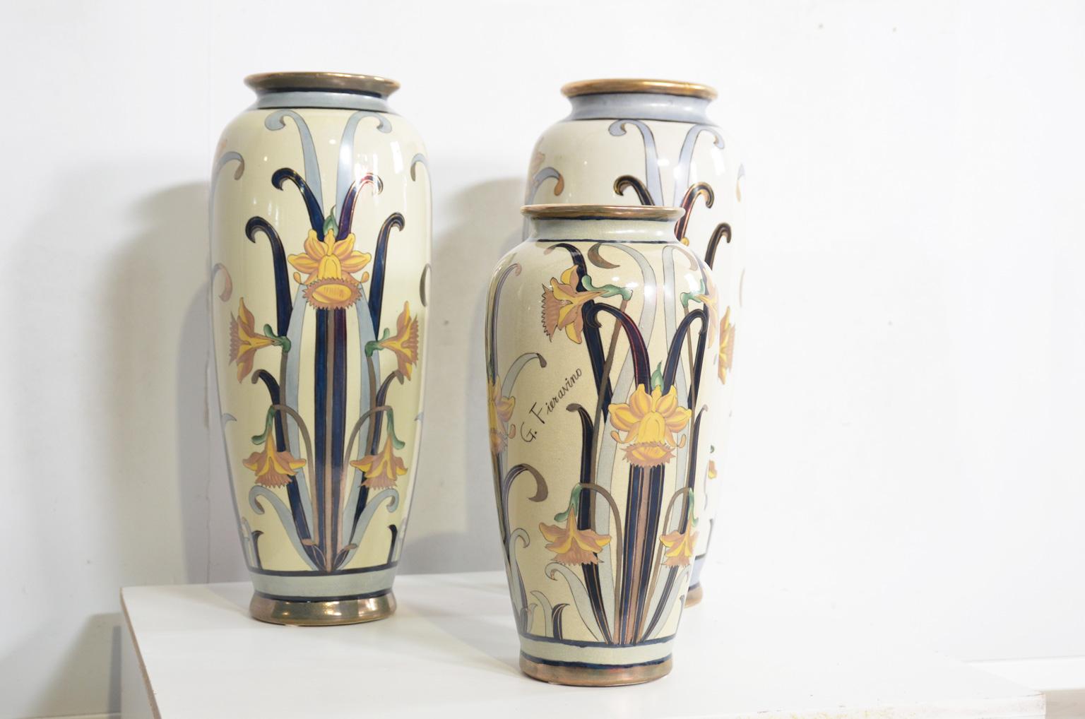 Painted 3 Italian Earthenware Art Nouveau Vases by G. Fieravino