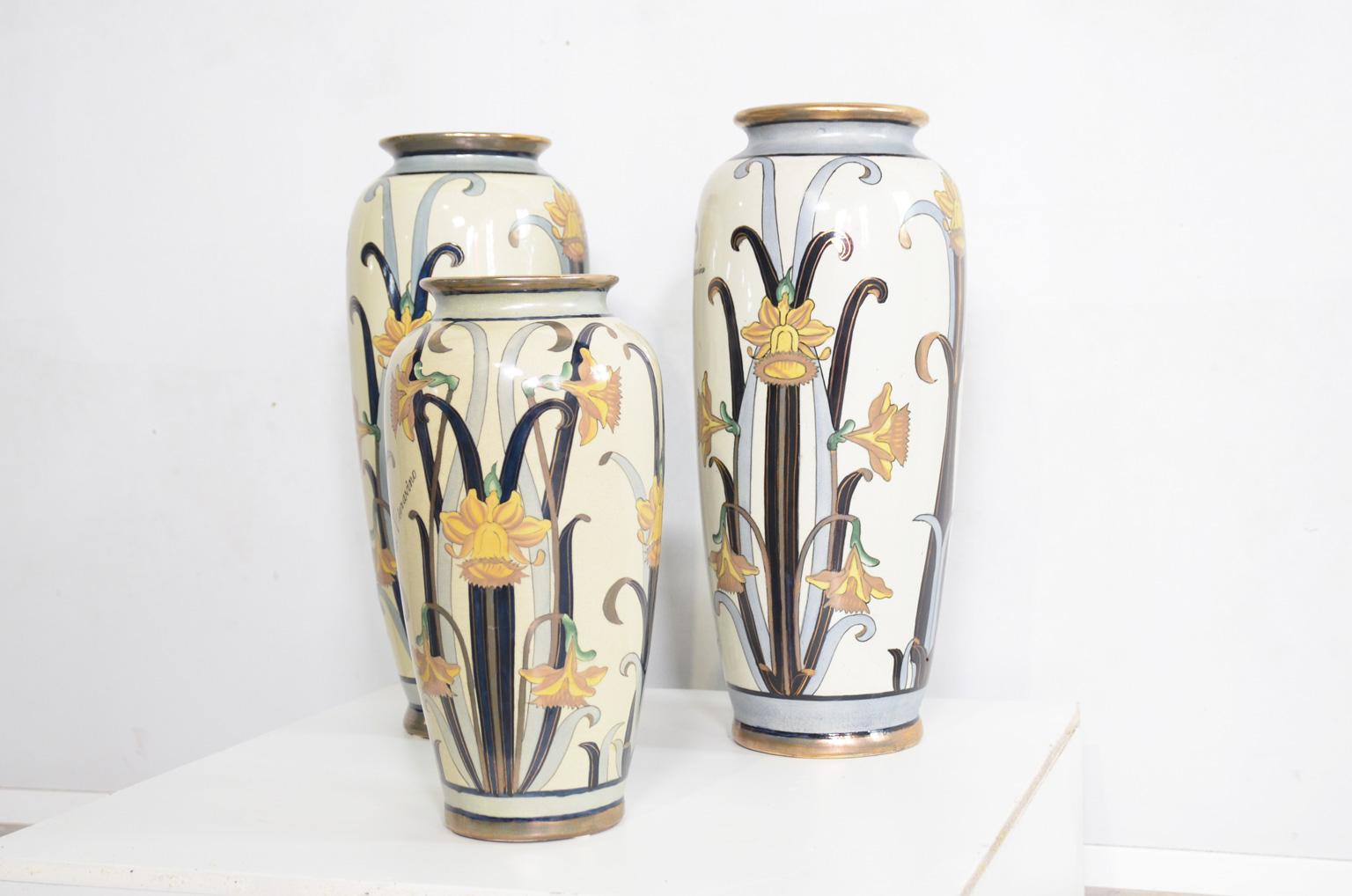 3 Italian Earthenware Art Nouveau Vases by G. Fieravino In Good Condition In RHEEZERVEEN, Overijssel