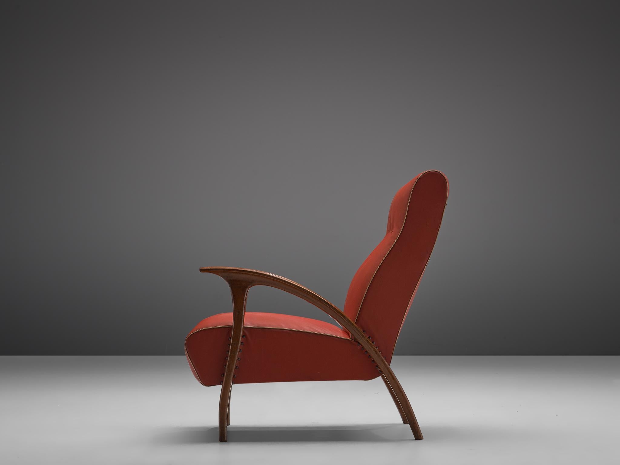 Mid-Century Modern Italian Easy Chair in Walnut and Red Leatherette
