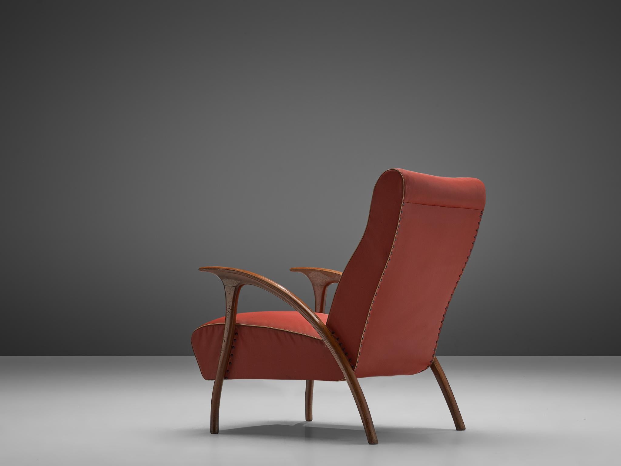 Italian Easy Chair in Walnut and Red Leatherette In Good Condition In Waalwijk, NL